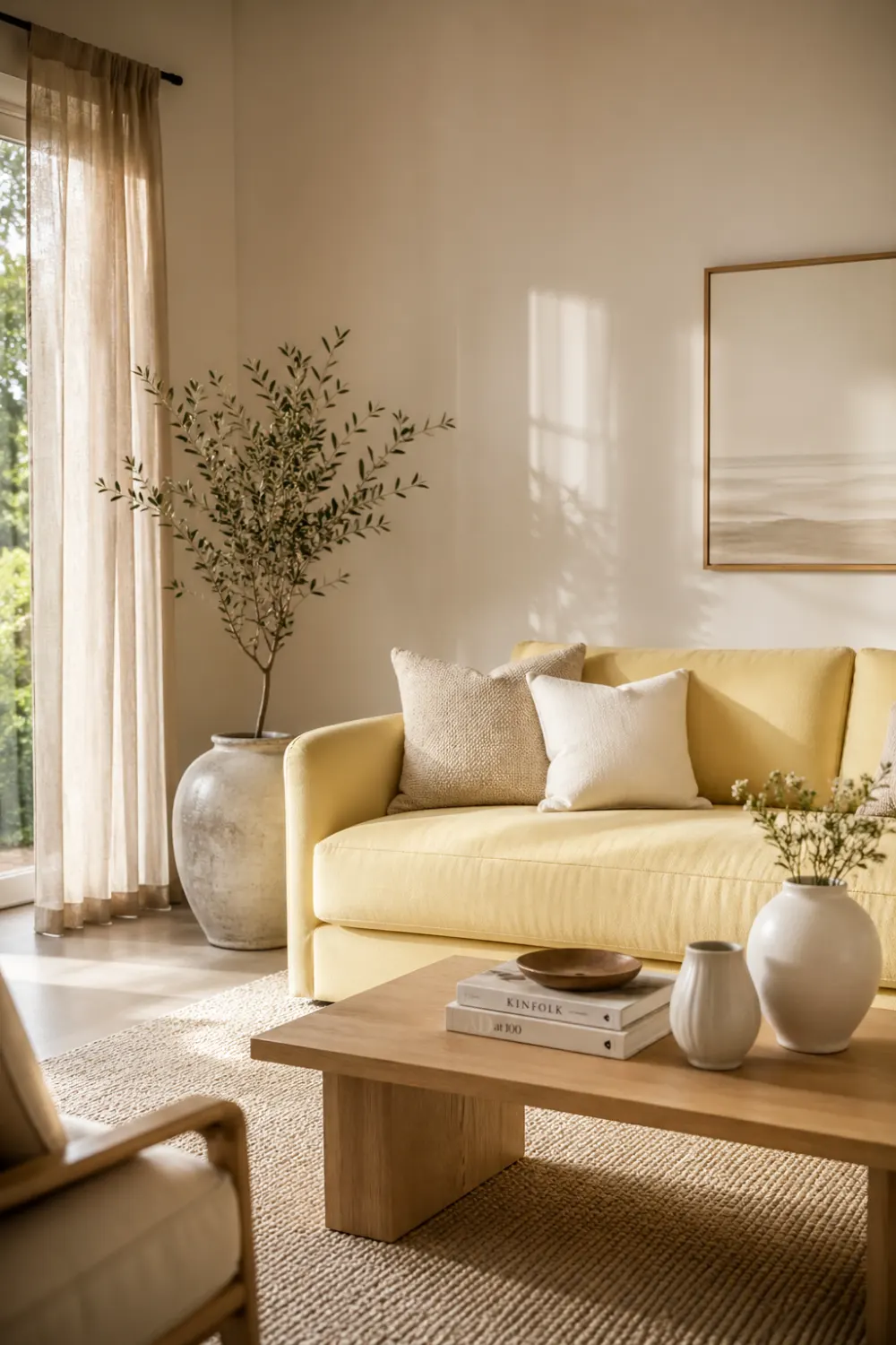 butter yellow living room decor summer 2026 soft yellow sofa neutral tones wooden table cozy aesthetic interior natural light modern home styling