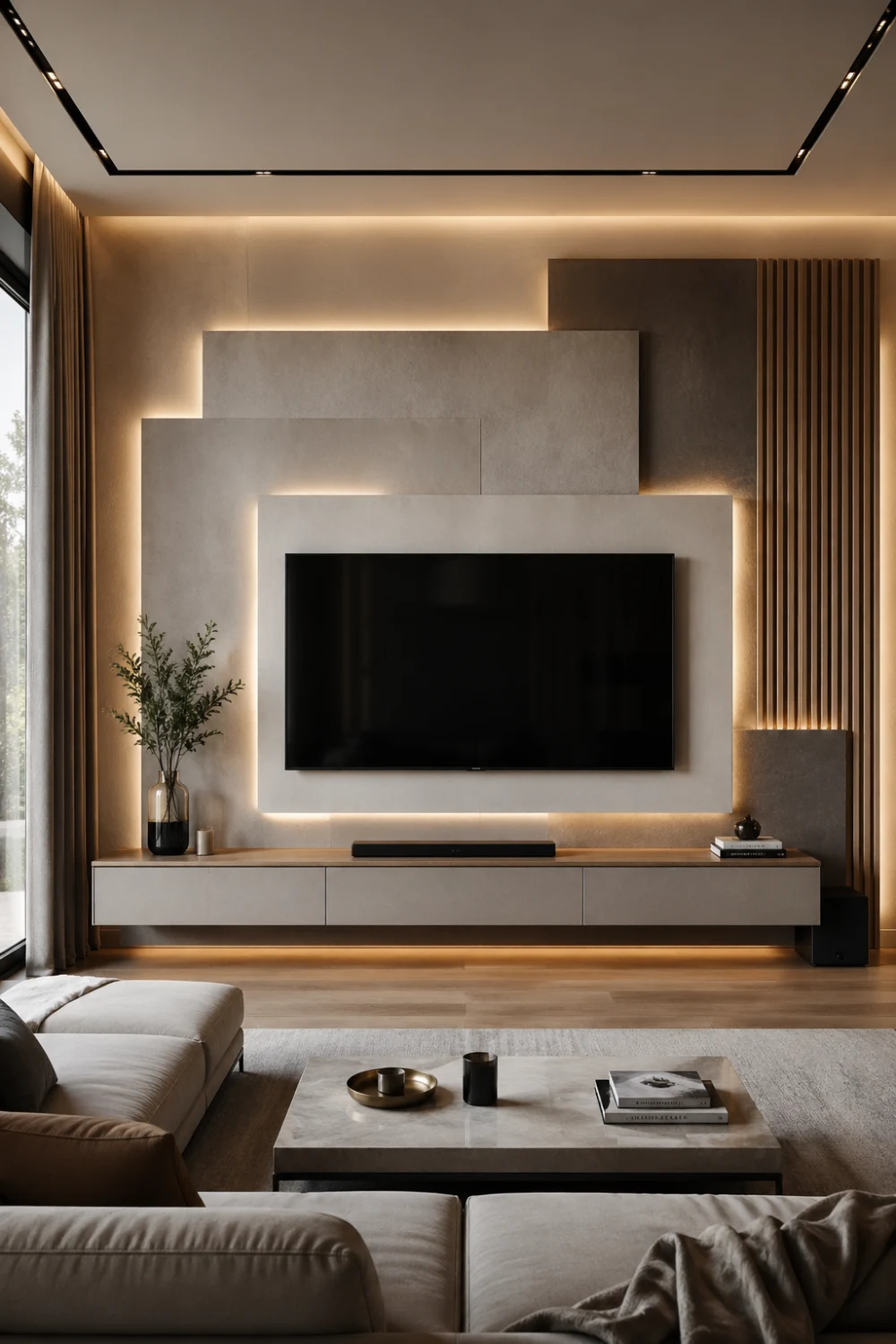 floating layered panel 3D TV wall with soft LED backlighting, neutral tones with wood accents, modern living room interior with sleek media unit