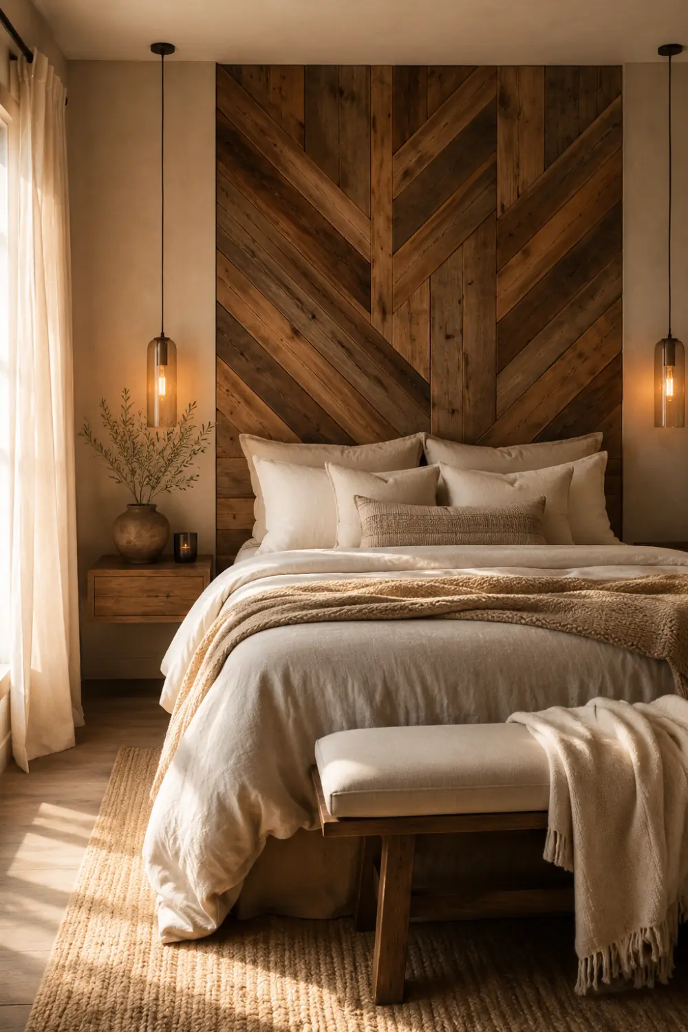 Reclaimed wood headboard wall with geometric plank design, warm pendant lights, layered neutral bedding, textured rug, and cozy modern rustic bedroom decor styling.