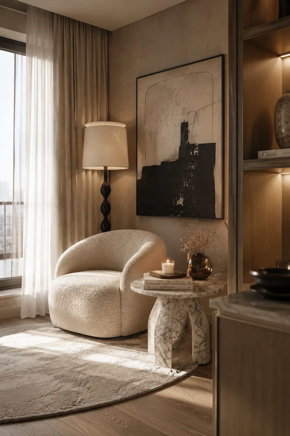 Cozy studio apartment reading nook with boucle accent chair, marble side table, soft lighting, neutral decor, and warm luxury apartment aesthetic.
