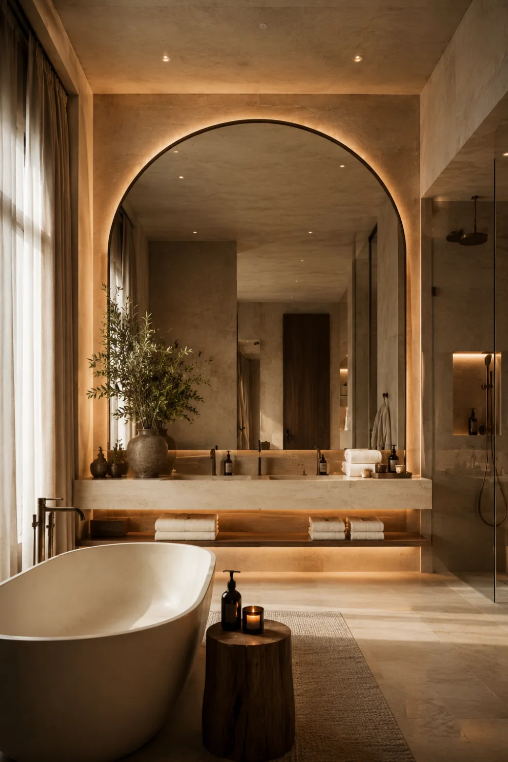 Oversized arch bathroom mirror with warm ambient backlighting, freestanding bathtub, floating stone vanity, beige marble walls, glass shower enclosure, soft neutral decor, and luxurious spa-inspired bathroom interior styling.