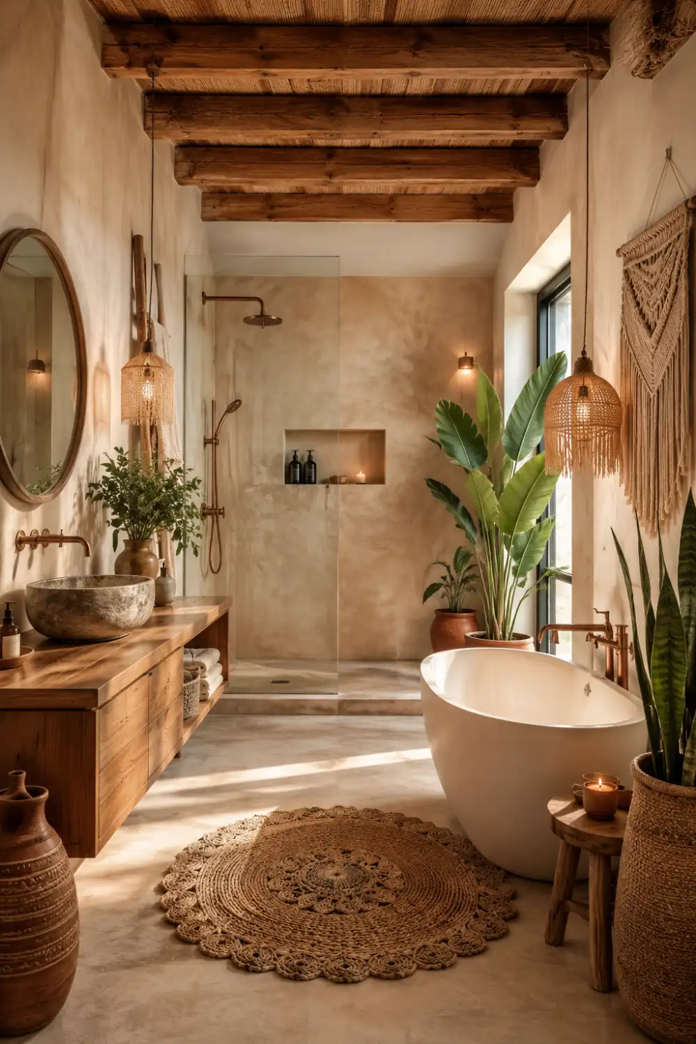 Boho earthy bathroom with rustic wood vanity, macrame wall decor, woven pendant lights, freestanding bathtub, indoor plants, exposed wooden ceiling beams, and warm spa-inspired organic modern styling.