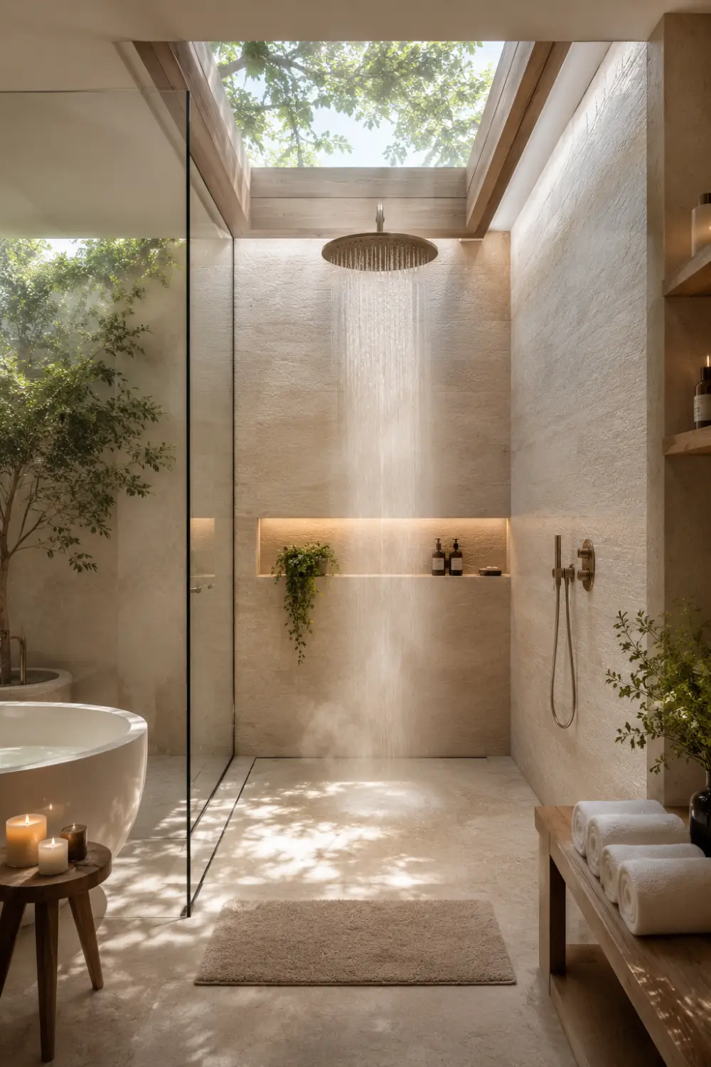 Skylit spa rain shower with natural sunlight, warm stone walls, frameless glass, soft neutral decor, and luxury modern bathroom interior design.