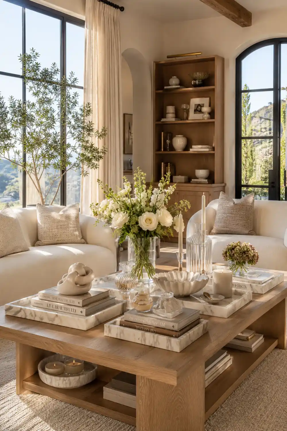 Bright organic modern living room featuring a warm wood coffee table styled with marble trays, candles, sculptural decor, fresh flowers, stacked books, and elegant neutral accessories. Oversized windows, open shelving, and soft sunlight create a cozy Pinterest-inspired designer home aesthetic.
