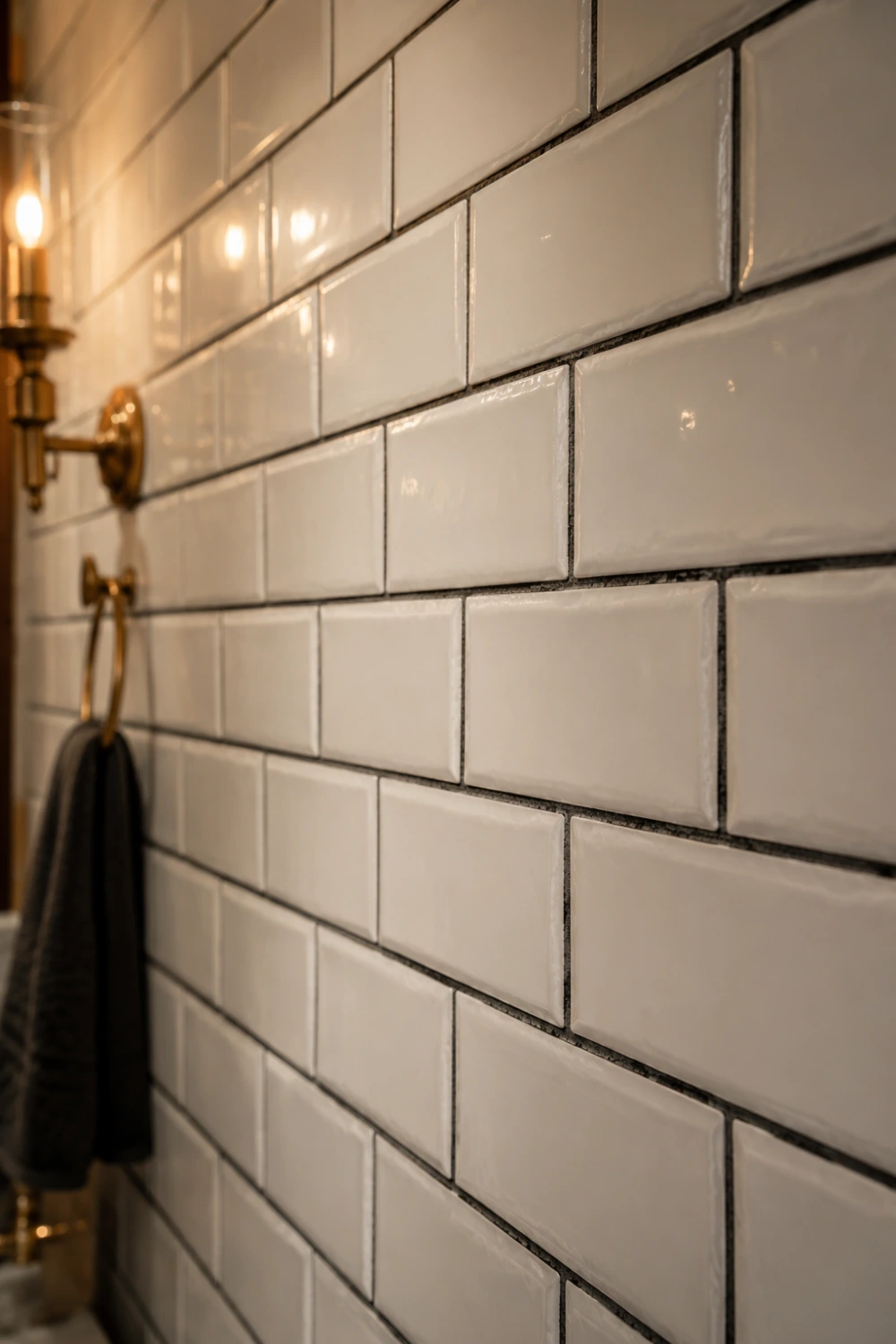 Glossy white subway bathroom tiles with dark grout lines, warm lighting reflections, antique brass accents, and timeless vintage wall texture styling.