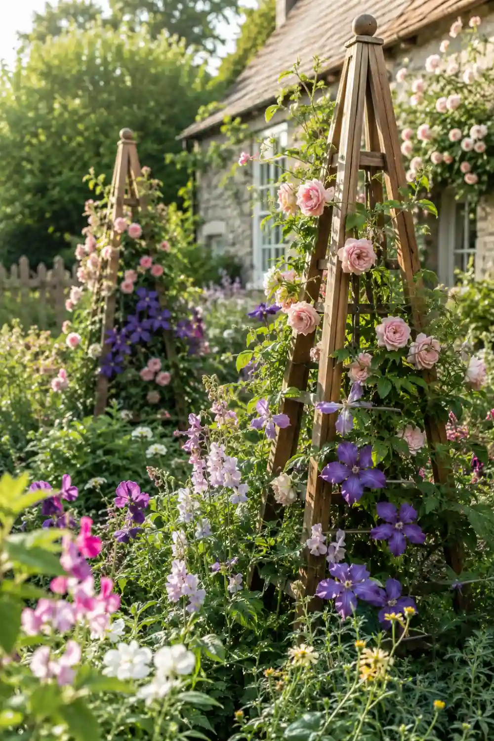 Wooden obelisk flower trellis surrounded by blooming roses, purple clematis flowers, and lush cottage garden plants beside a charming countryside home.