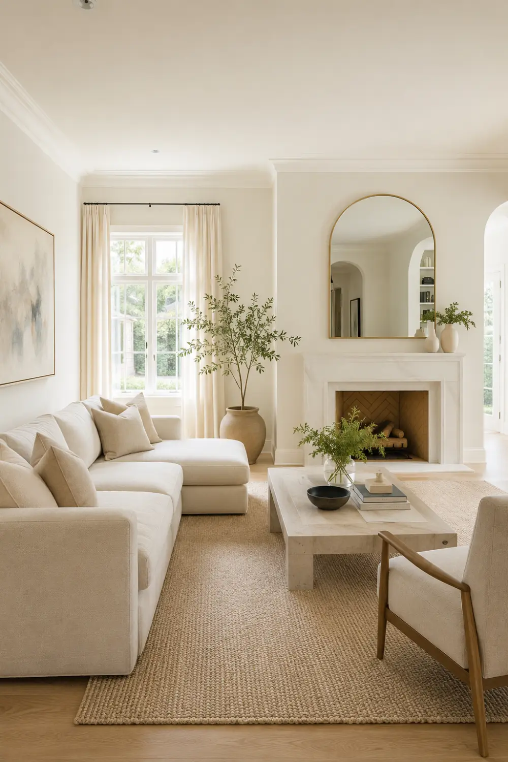 Soft linen white luxury living room with neutral sectional sofa, marble coffee table, woven rug, light wood flooring, arched mirror fireplace, airy natural sunlight, and timeless quiet luxury interior styling.