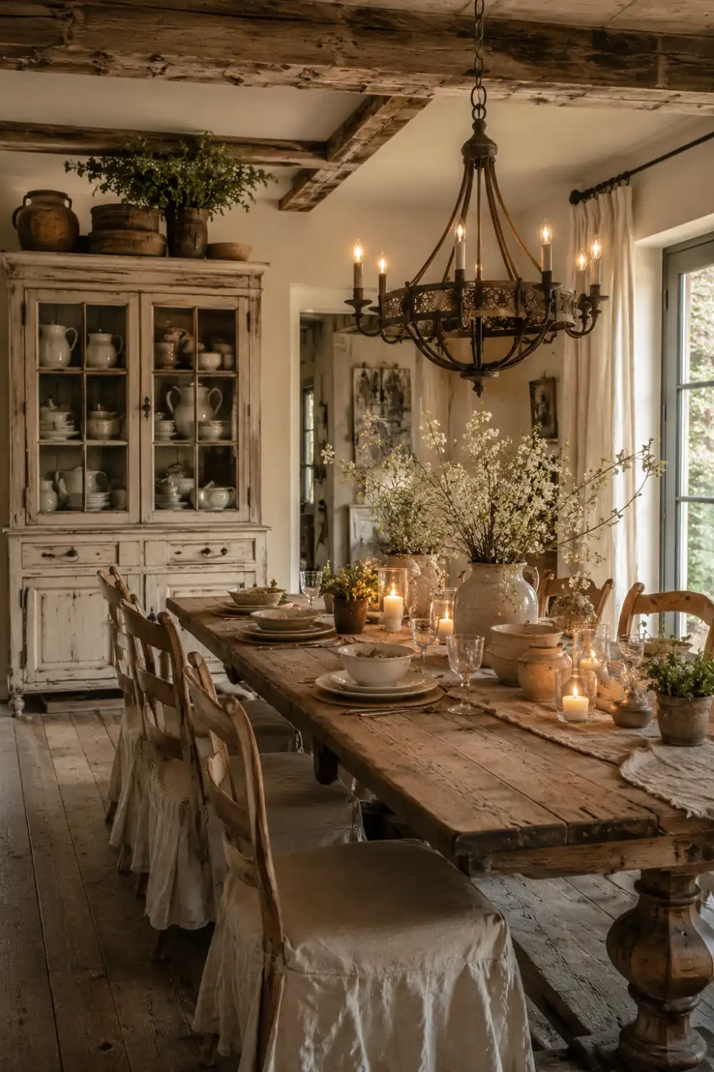 Vintage rustic farmhouse dining room with distressed wood dining table, antique cabinet, rustic chandelier, candlelit decor, exposed wooden beams, floral arrangements, textured neutral fabrics, cozy countryside styling, and timeless farmhouse interior design.