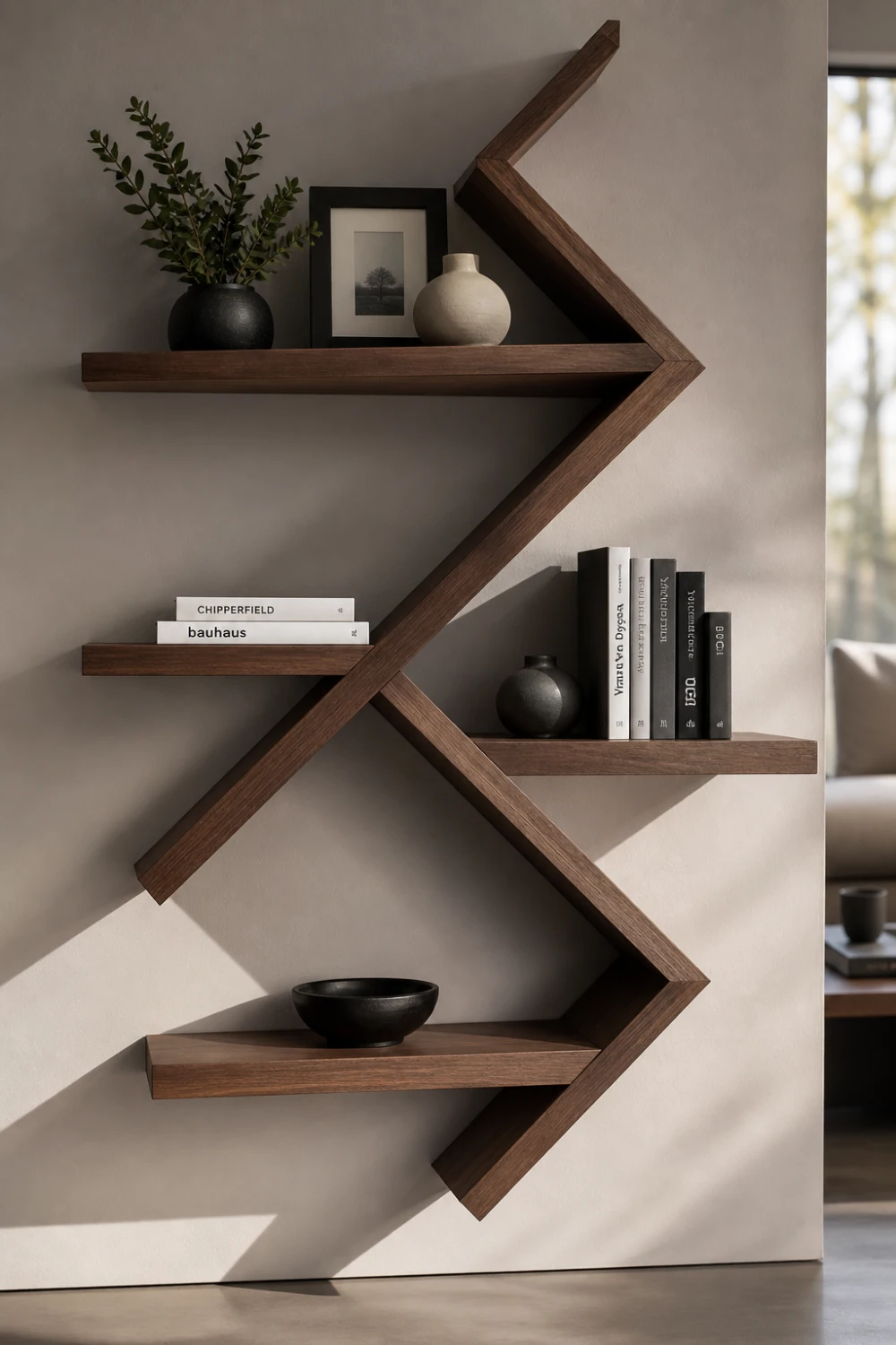 zig zag floating shelf wooden modern wall shelf geometric design stylish DIY floating shelves contemporary wall decor ideas