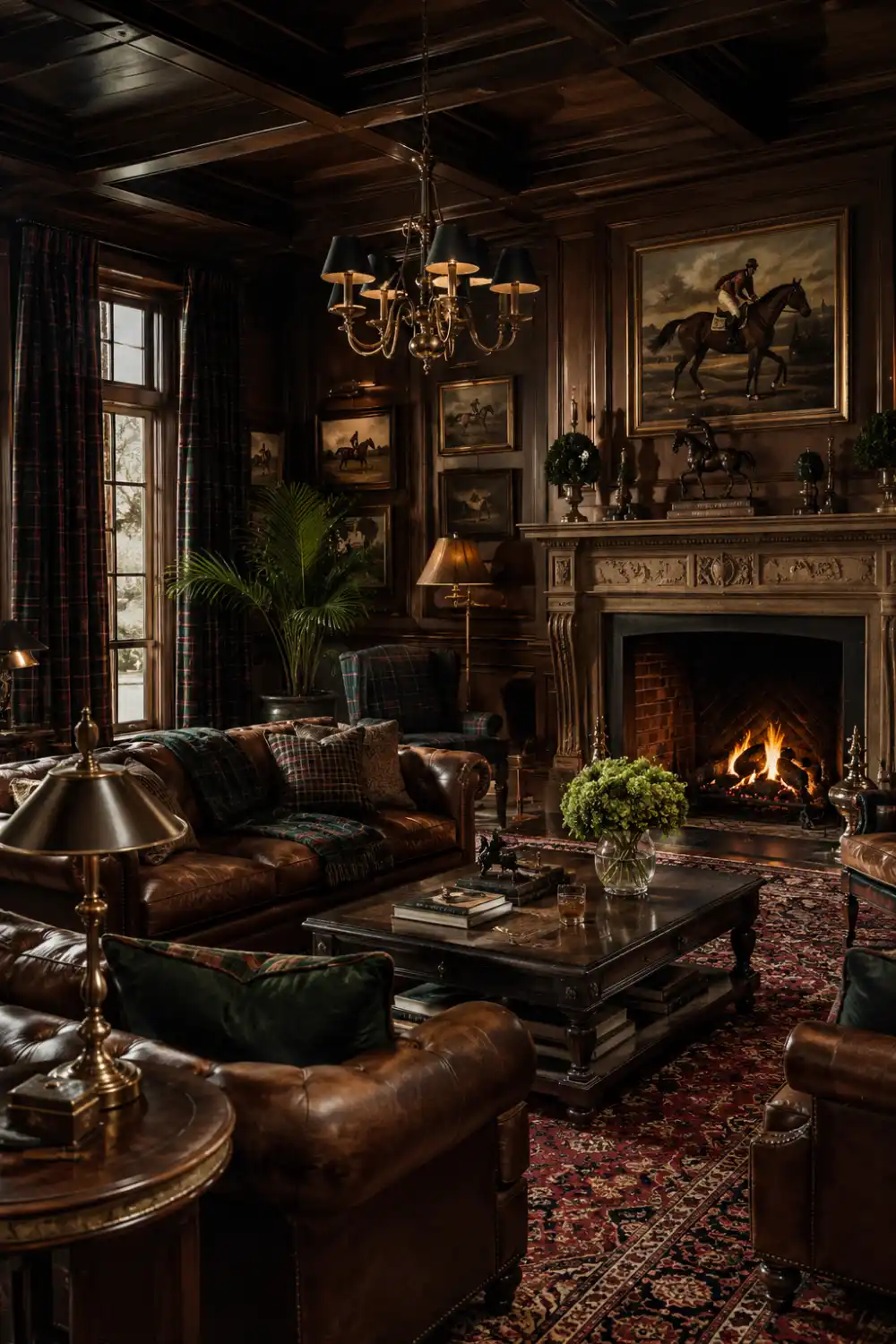 Ralph Lauren inspired old money living room with leather Chesterfield sofas, dark wood walls, plaid accents, equestrian artwork, Persian rugs, brass lighting, cozy fireplace, and classic luxury interior design inspiration.