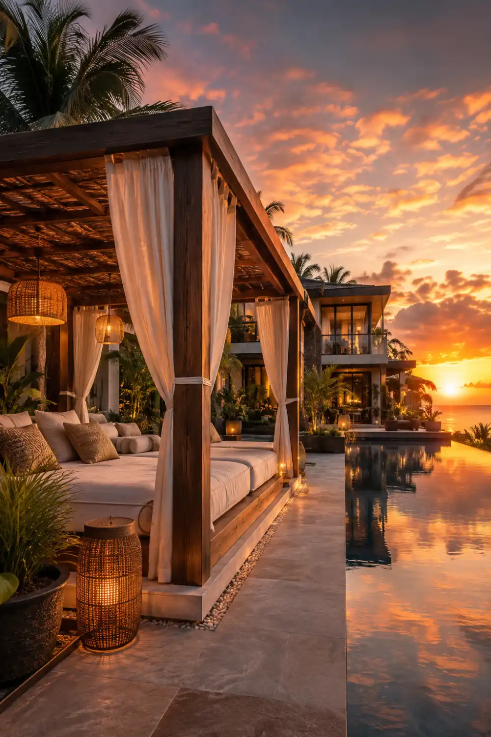 Luxury sunset gazebo lounge with warm wood framing, flowing white curtains, cozy neutral seating, woven lanterns, tropical poolside setting, and resort-style outdoor design.