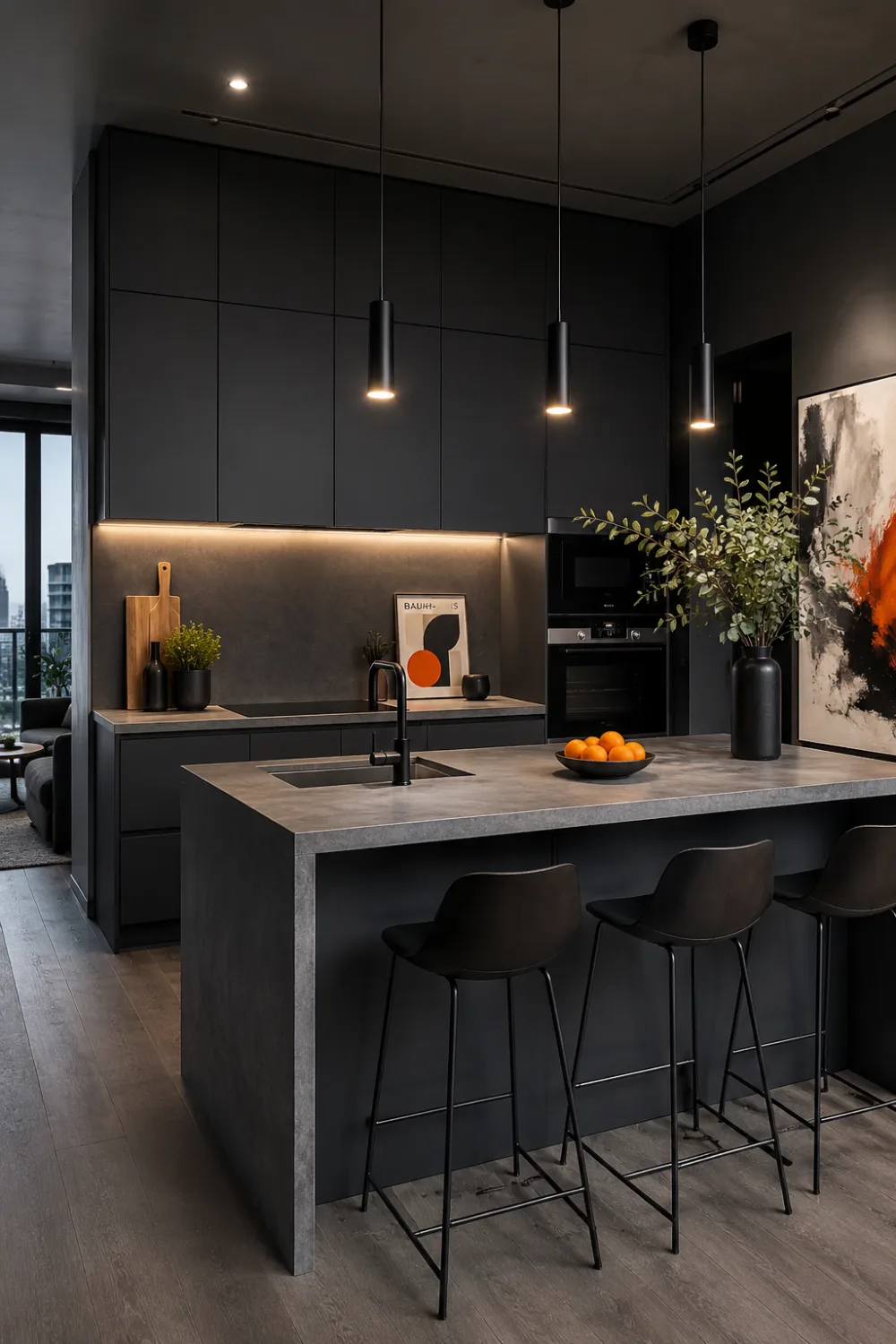 Charcoal gray modern kitchen cabinets with concrete countertops, black pendant lights, minimalist decor, and sleek contemporary styling