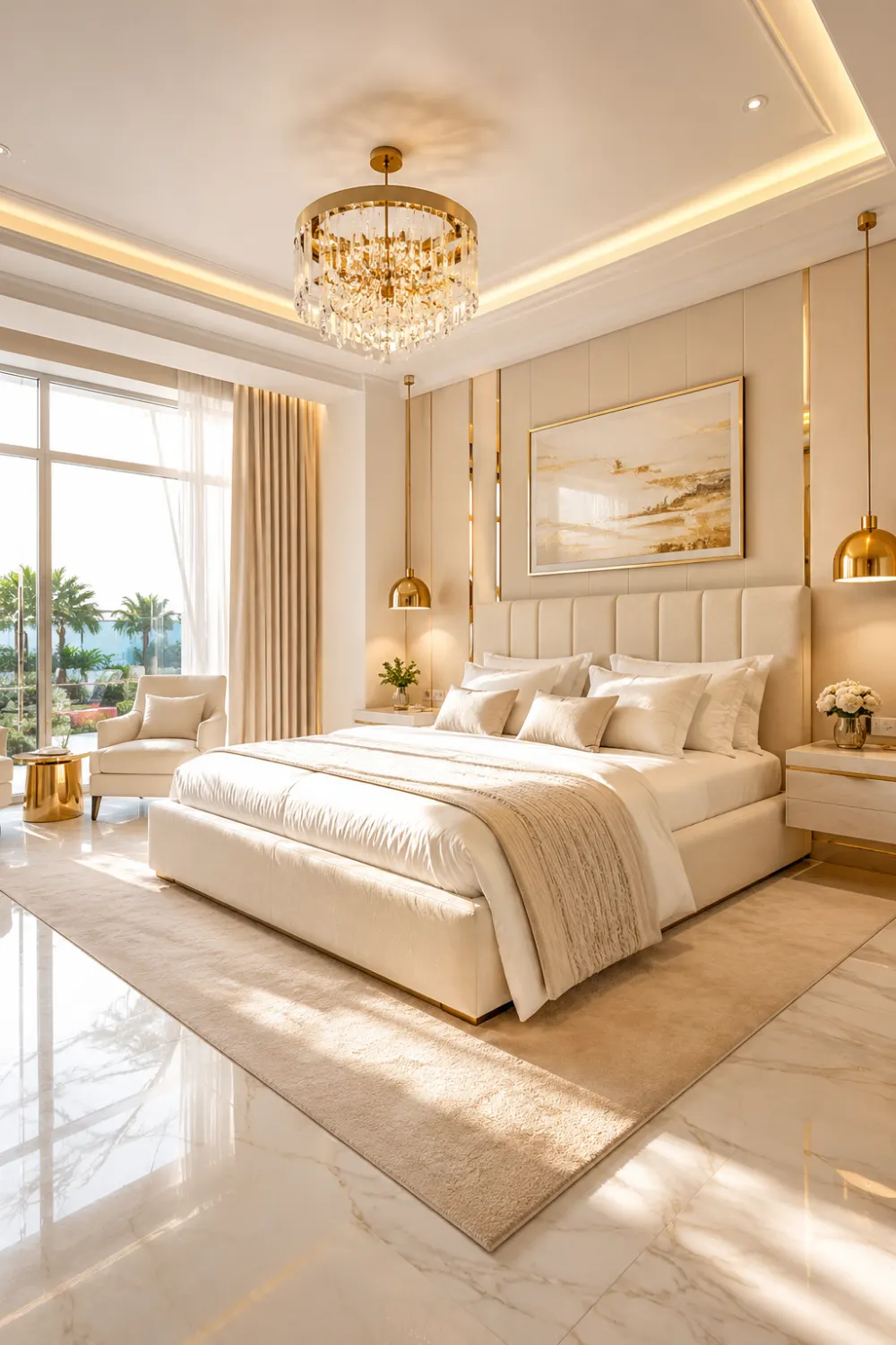 Bright modern luxury romantic bedroom with cream upholstered bed, marble flooring, gold pendant lighting, crystal chandelier, soft neutral decor, large windows, and elegant contemporary styling.