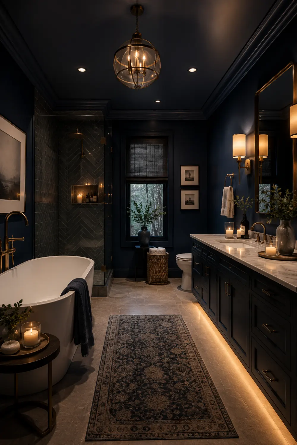 Cozy navy blue bathroom with candles, layered lighting, marble vanity, freestanding tub, dark walls, brass fixtures, woven textures, and luxury spa bathroom inspiration.