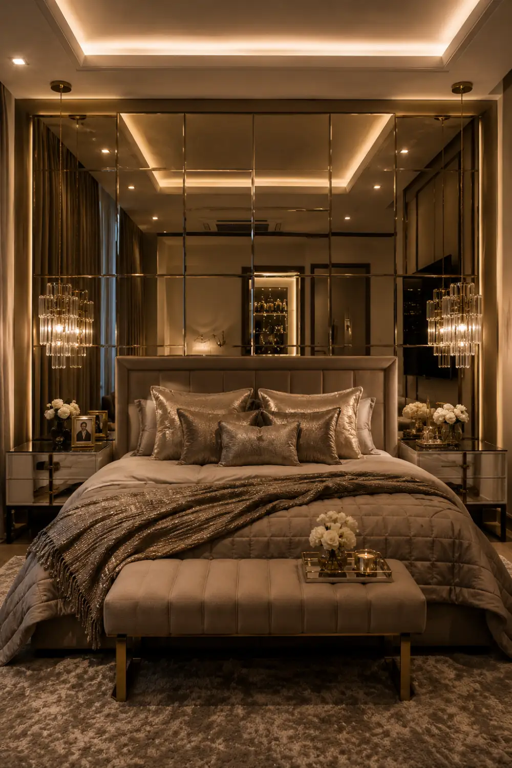 Glamorous luxury bedroom with mirror panel feature wall, crystal pendant lights, warm ambient lighting, plush bedding, metallic accents, elegant decor, reflective wall panels, and upscale modern bedroom inspiration.