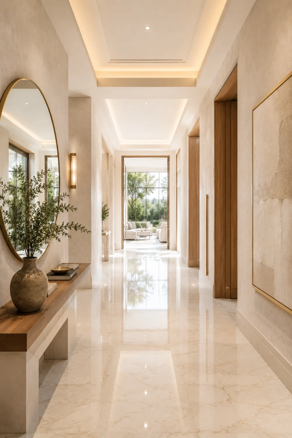 Minimal luxury hallway with warm wood accents, oversized round mirror, floating console table, polished marble flooring, recessed ceiling lighting, and bright modern entryway design.