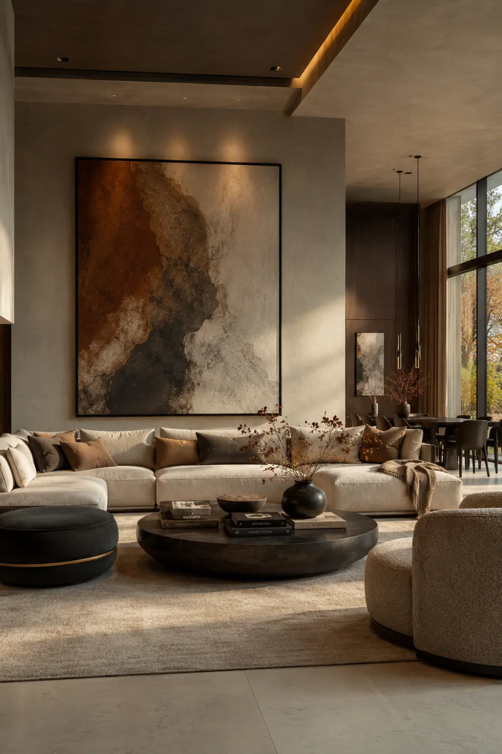Modern luxury living room with oversized abstract wall art, neutral sectional sofa, earthy decor palette, sculptural furniture, warm autumn lighting, and elegant contemporary interior styling.