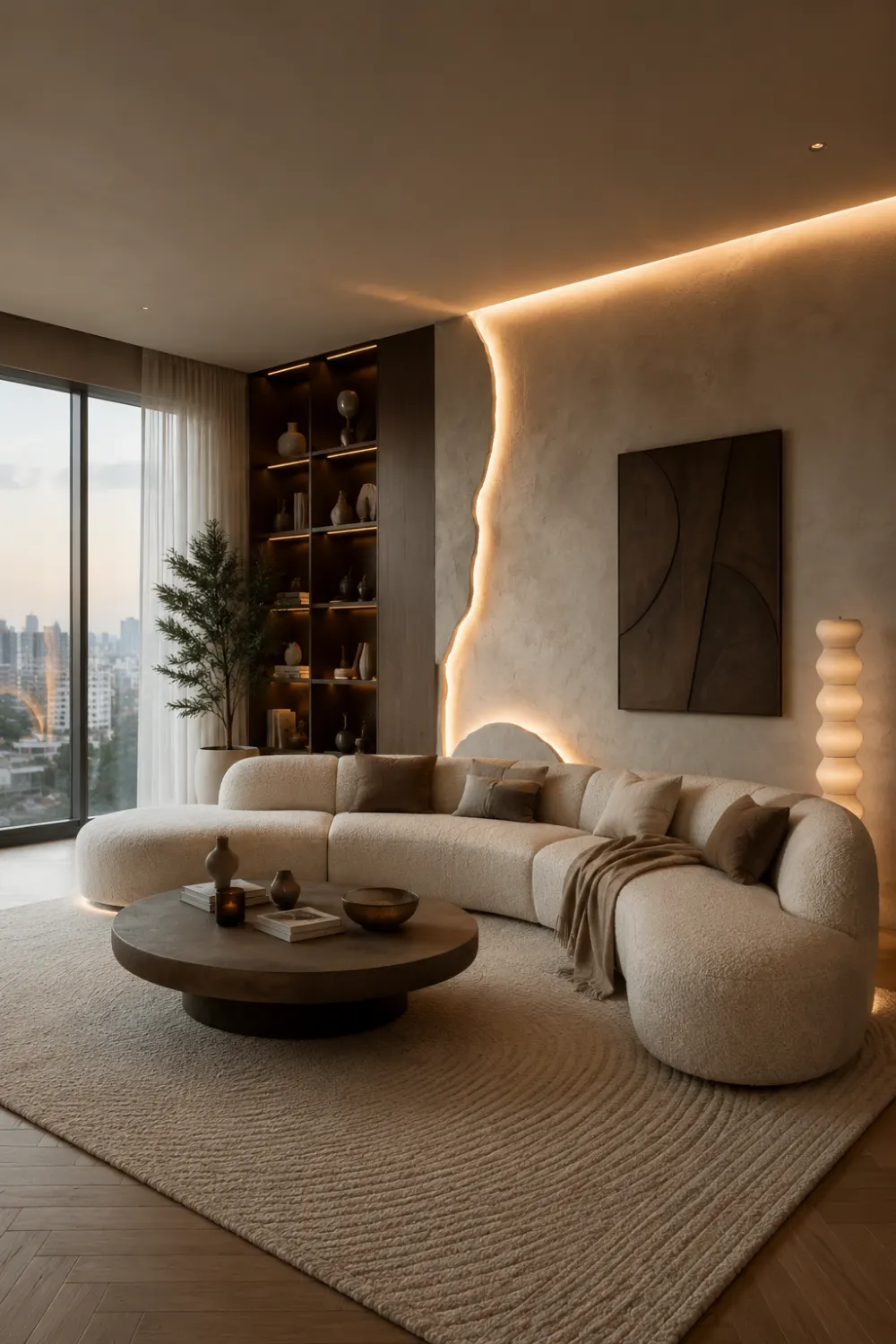 Modern sculptural living room with curved boucle sofa, glowing accent wall, warm neutral palette, oversized rug, built-in shelves, ambient lighting, and luxury cozy interior styling.