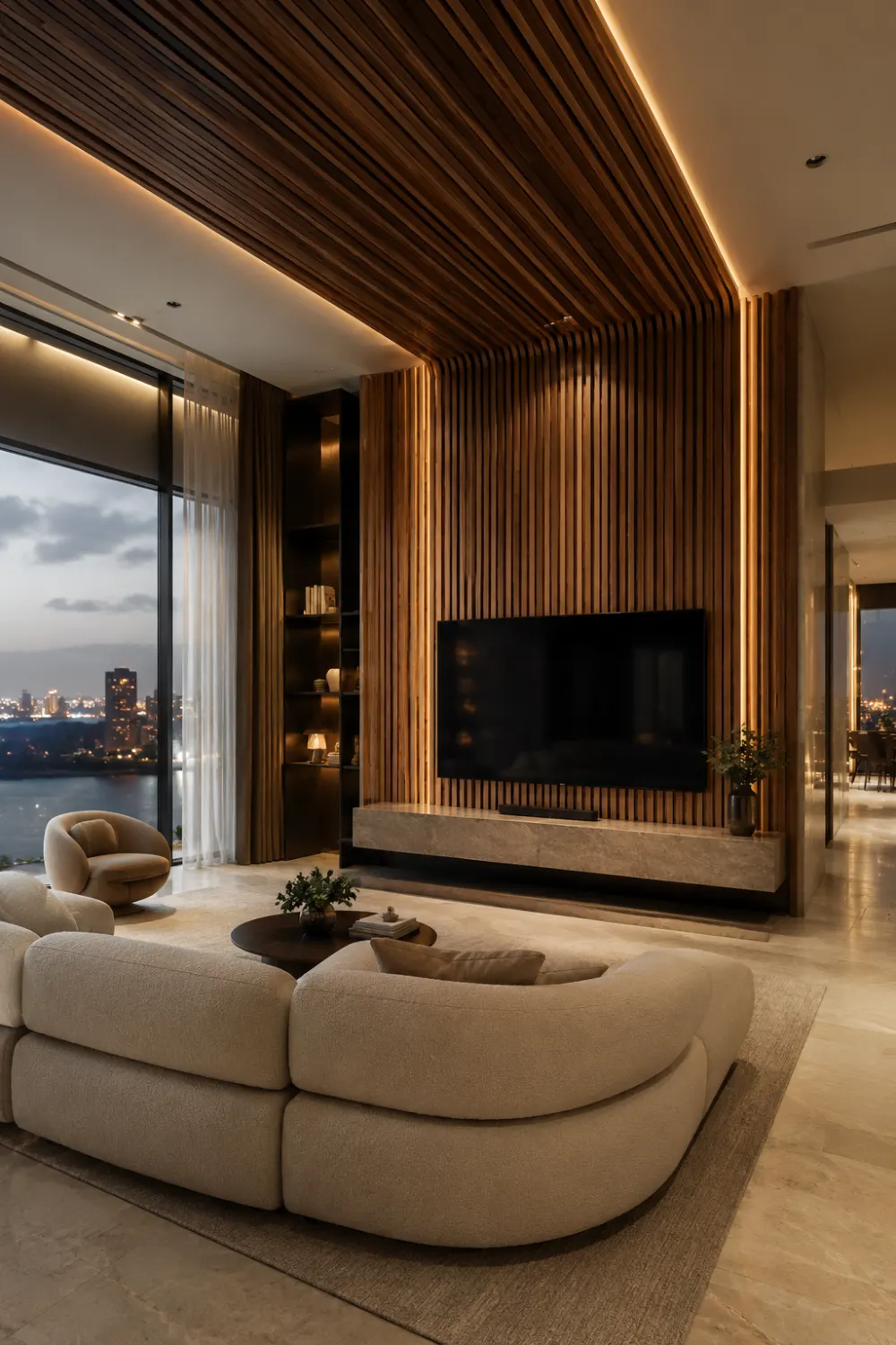 Ceiling connected wood slat TV wall with vertical walnut panels, hidden LED lighting, floating stone media console, and luxury modern living room with panoramic windows.