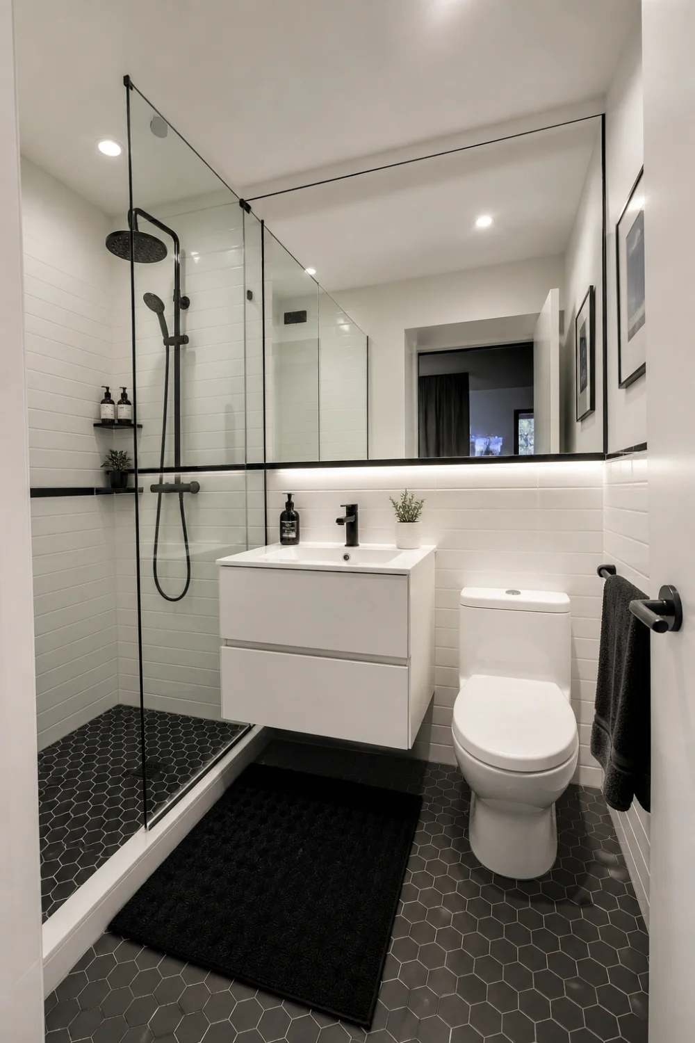 small black and white bathroom with floating vanity, glass shower, compact layout, white tiles, black accents, modern space saving bathroom design