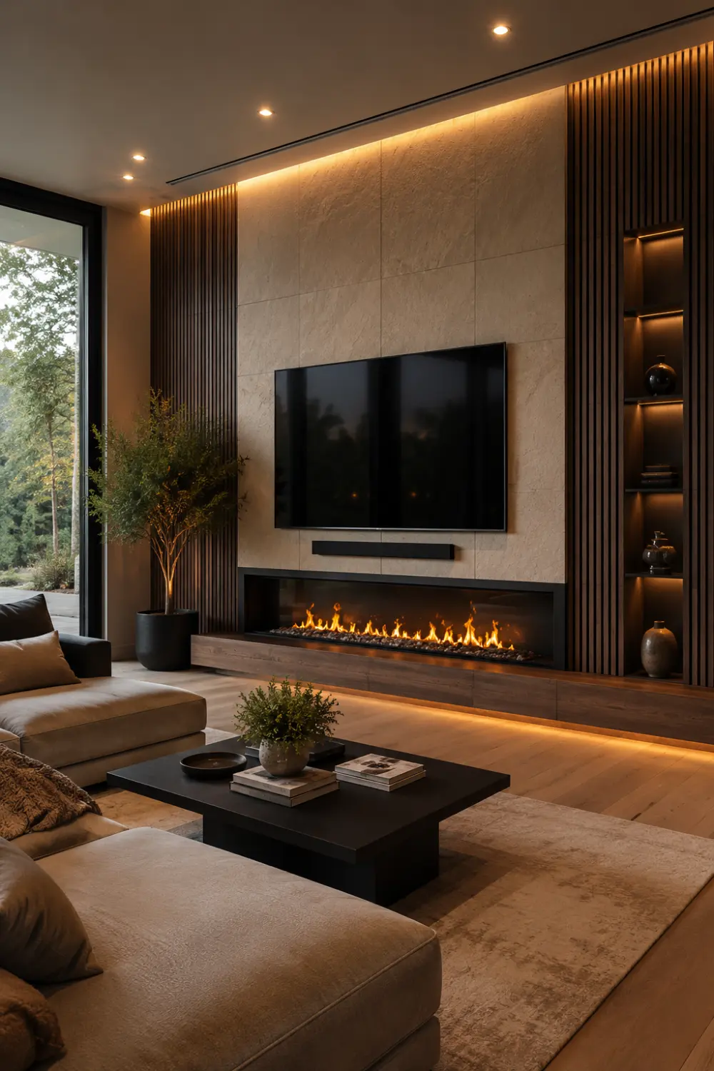 Curved organic plaster fireplace with warm neutral decor, rustic wood beams, cozy furniture, and elegant Mediterranean modern living room design