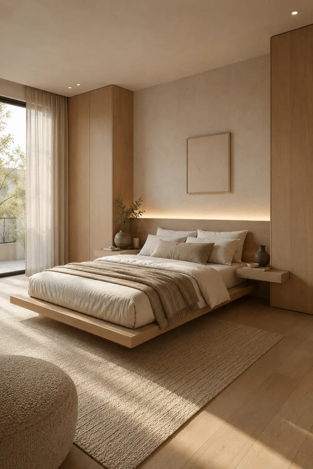 Floating bed Japandi bedroom with seamless wooden storage walls, hidden LED lighting, textured woven rug, soft neutral bedding, floating bedside shelves, and warm minimalist decor.