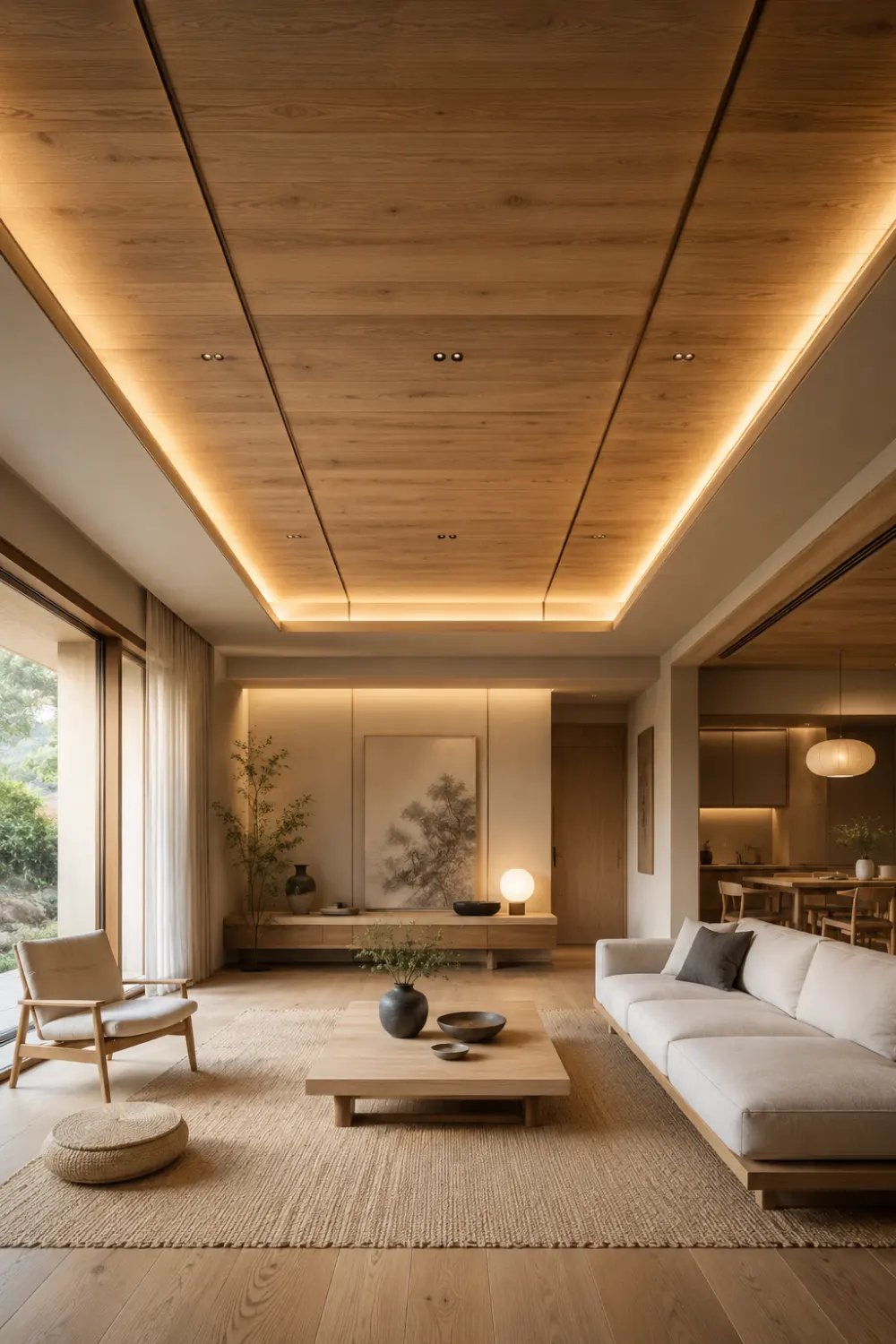 Japandi style wooden ceiling with warm hidden LED lighting, minimalist natural decor, neutral tones, and calming modern living room interior inspiration.