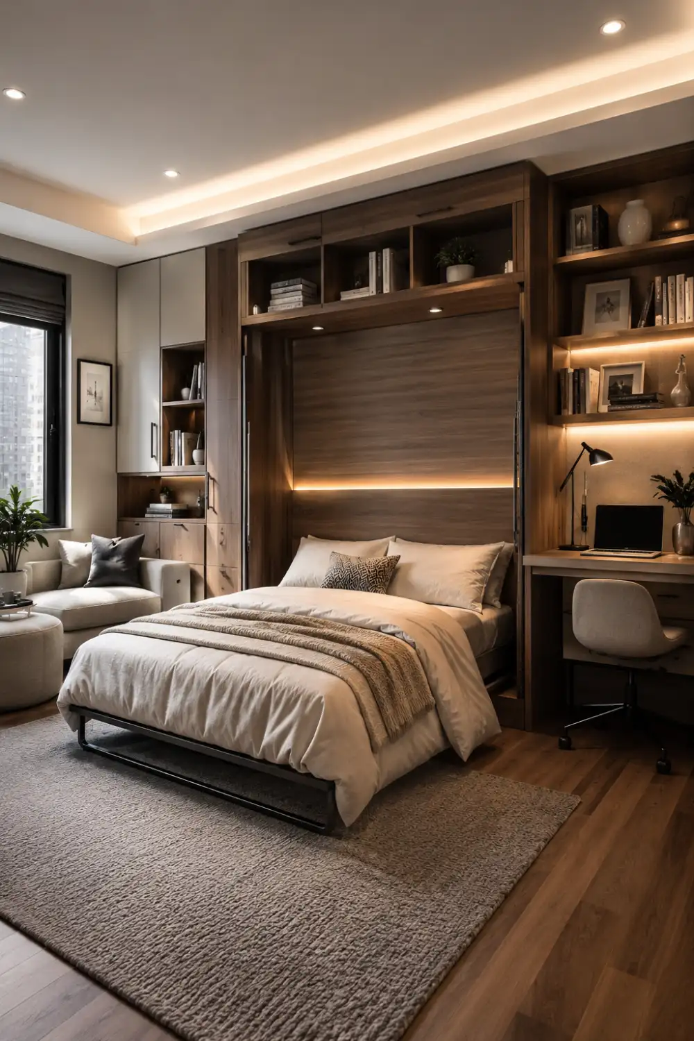 Modern Murphy bed tiny bedroom with foldable wall bed, built-in workspace, hidden shelving, warm wood interiors, cozy lighting, and multifunctional apartment decor inspiration.