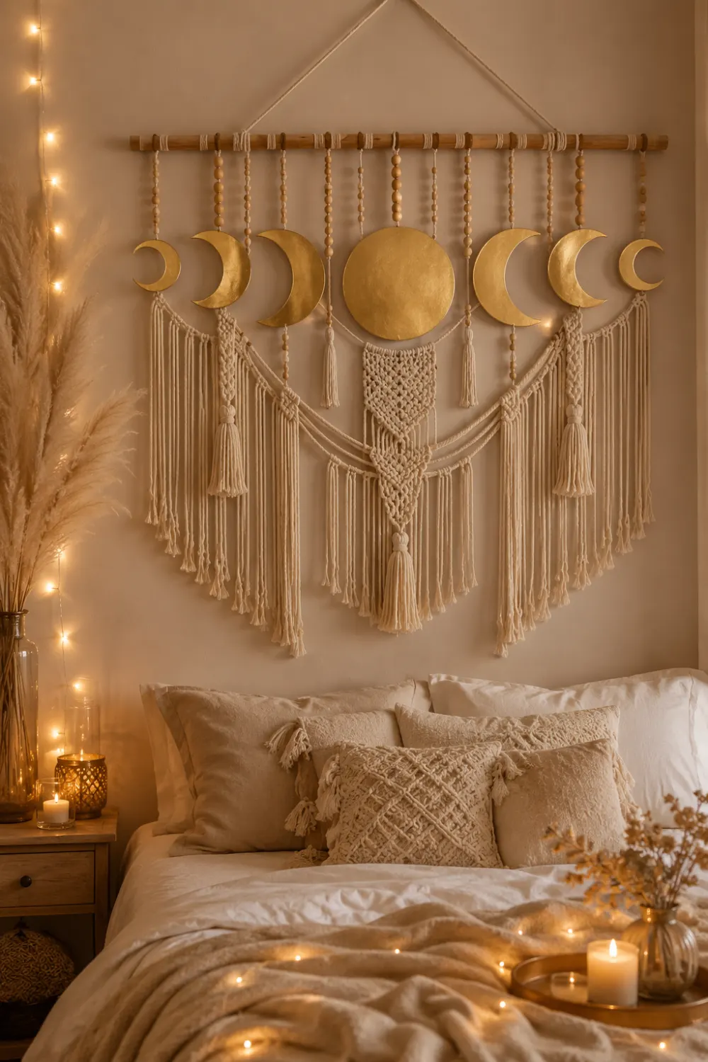 Gold moon phase macrame wall hanging with metallic celestial accents, woven cotton tassels, fairy lights, and cozy neutral bedroom decor styled in a warm boho interior.