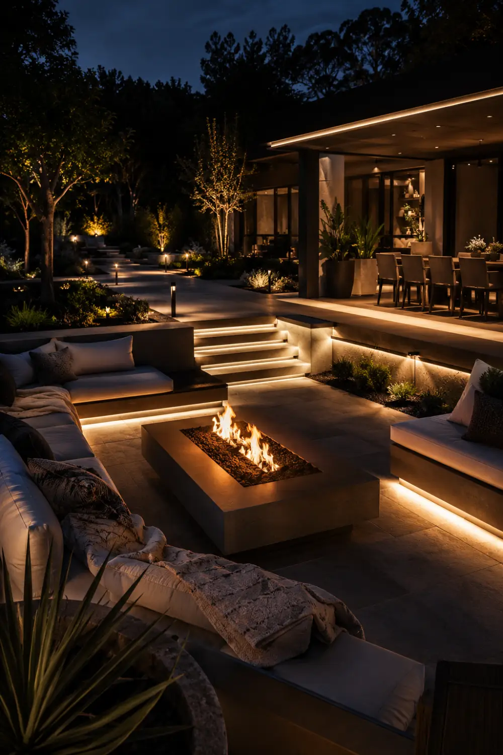 Modern LED fire pit patio with sleek rectangular fire feature, glowing stair lighting, contemporary outdoor seating, luxury landscaping, and stylish nighttime backyard ambiance.