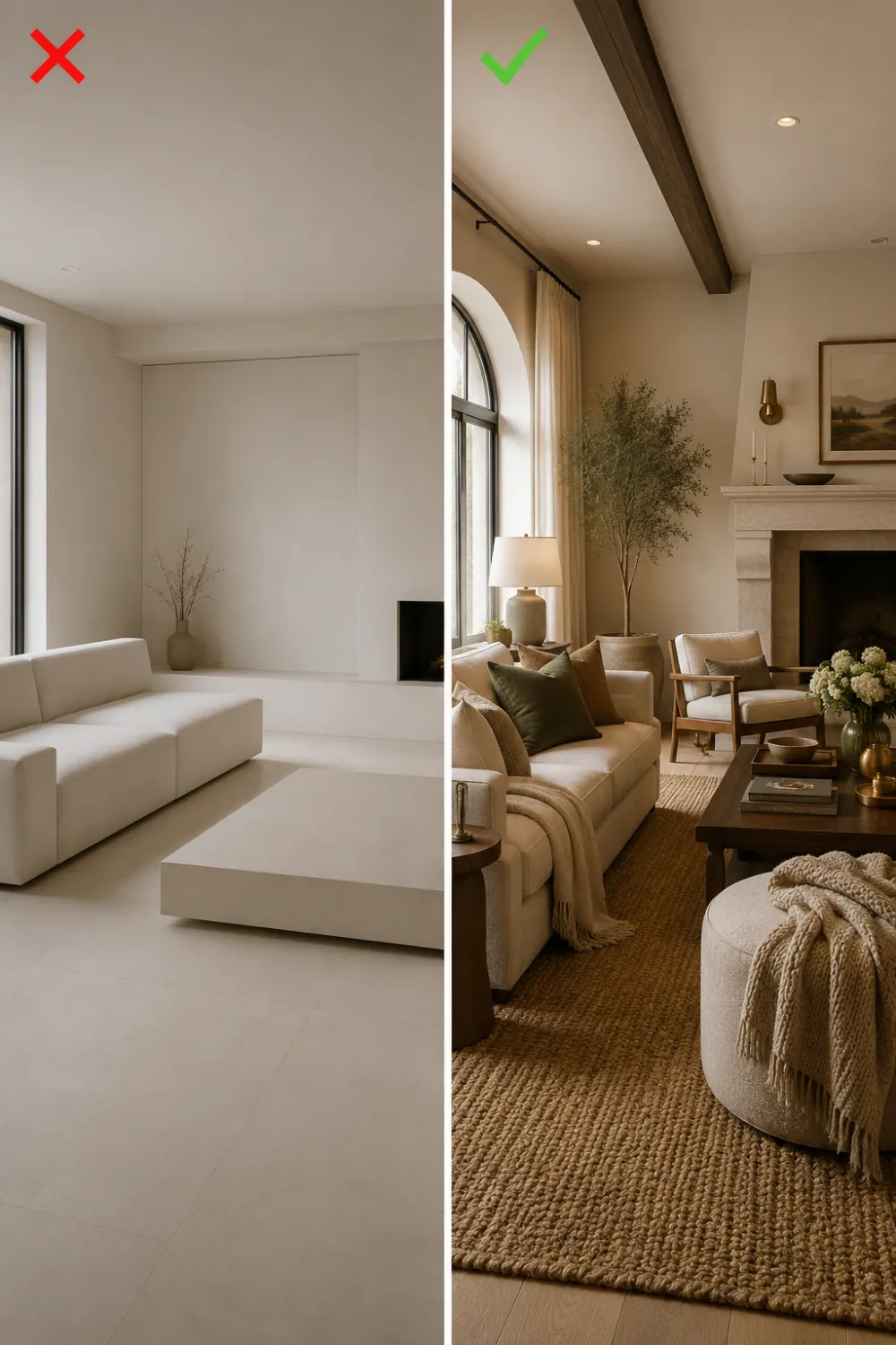 Flat modern interior versus layered textured luxury living room with cozy neutral decor and woven accents