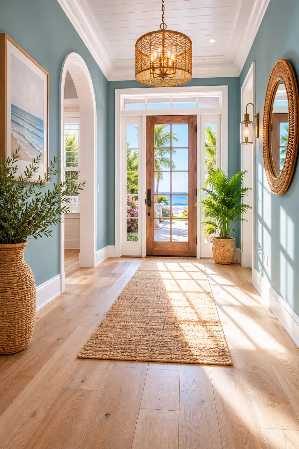 Coastal blue-green entryway with woven decor, natural wood accents, sunny windows, and bright beach-inspired home design ideas.