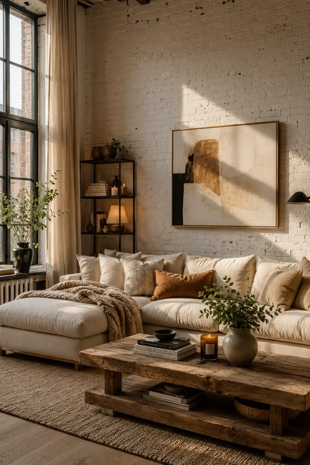 Cozy modern living room with whitewashed exposed brick wall, cream sectional sofa, rustic wood coffee table, layered neutral decor, candles, soft sunlight, and warm farmhouse-inspired interior styling.