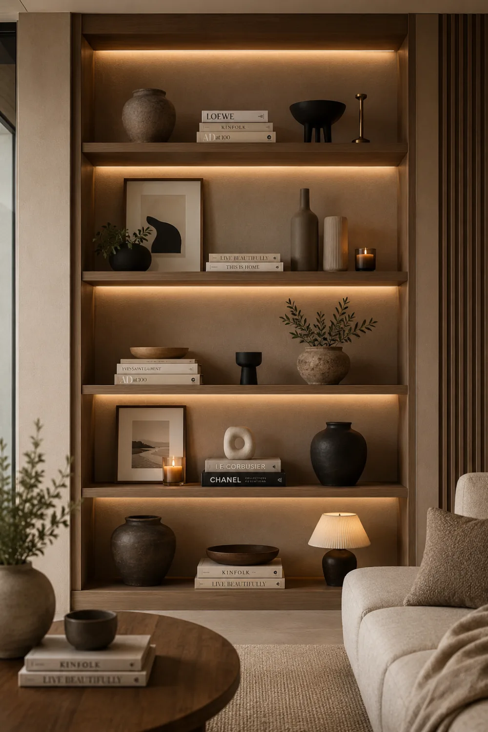 Minimal modern apartment shelving with warm LED shelf lighting, ceramic vases, neutral books, candles, framed artwork, textured decor, and cozy earthy styling creating a luxurious Pinterest-inspired apartment shelf decor aesthetic for modern renters.