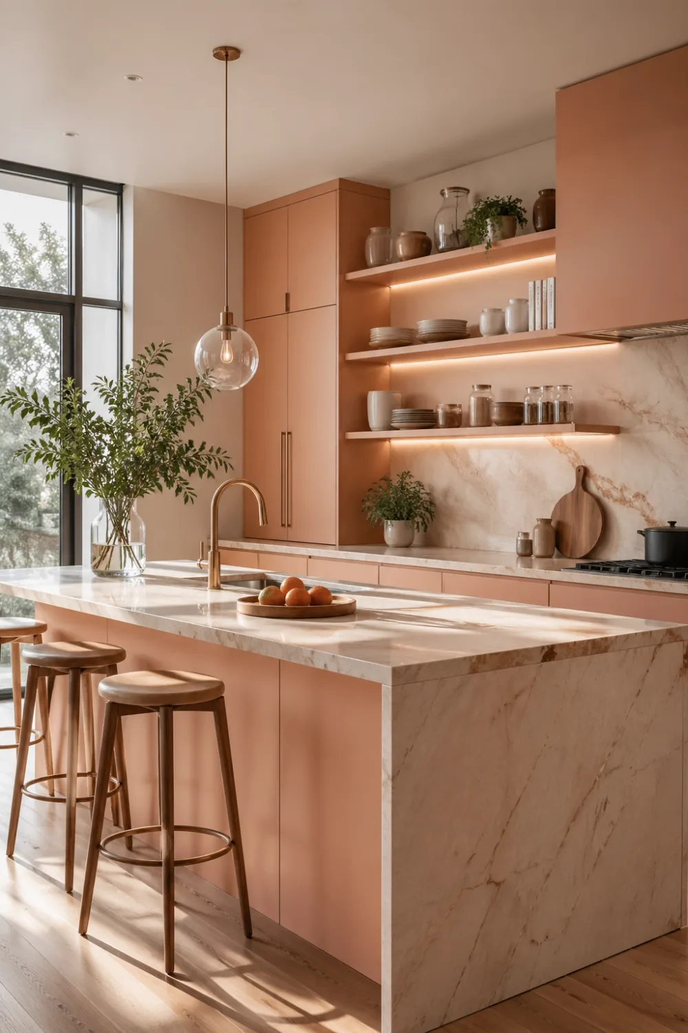 peach kitchen with open shelves, marble surfaces, styled decor, glass jars, modern kitchen design with warm lighting and organized layout