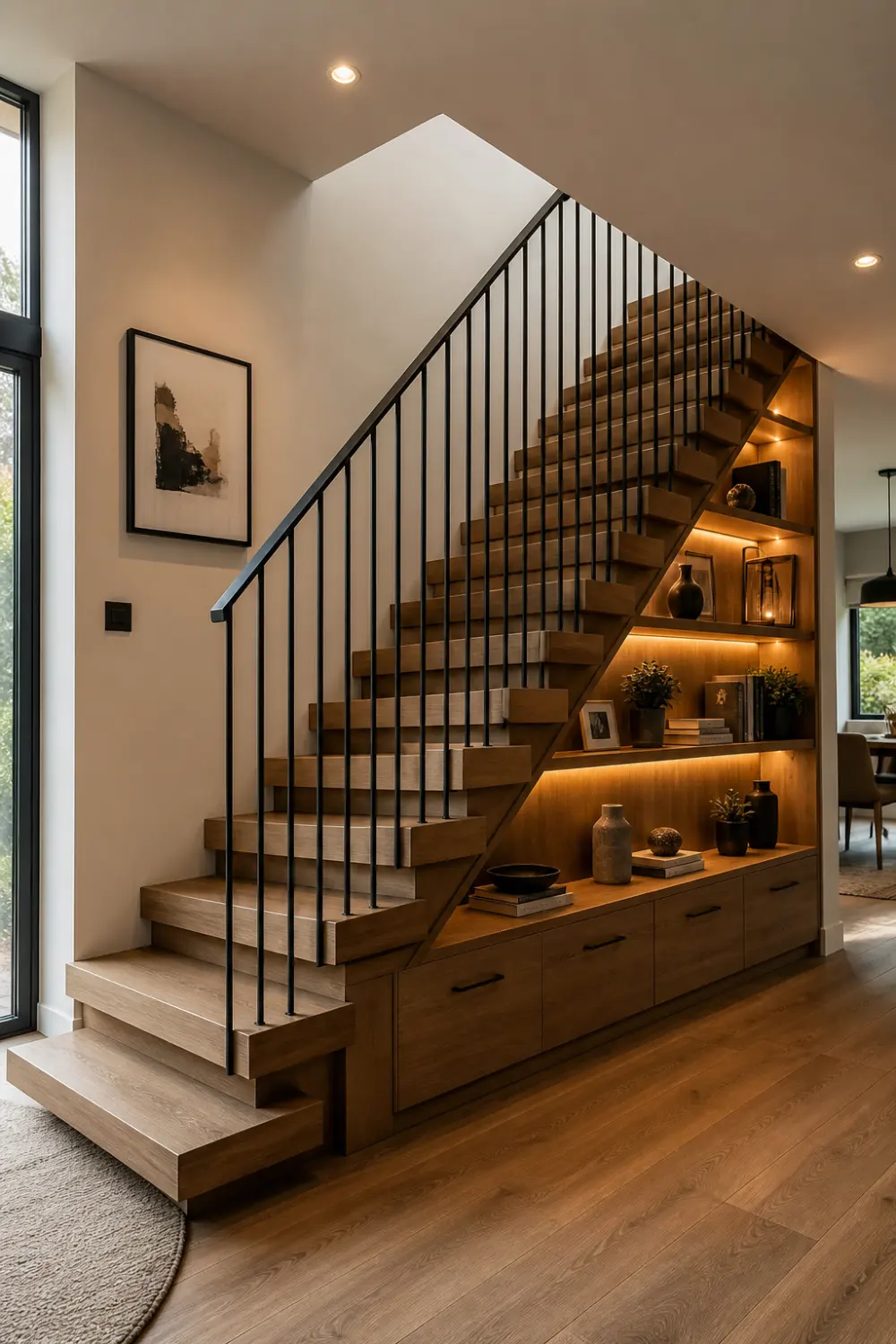 modern staircase with built in storage shelves and lighting, wooden steps, black railing, functional interior design