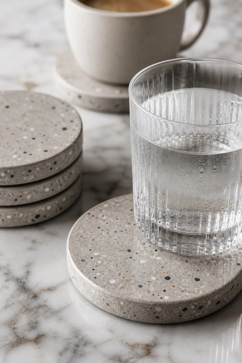 DIY terrazzo concrete coasters with speckled texture glass cup marble surface modern kitchen decor minimalist aesthetic styling
