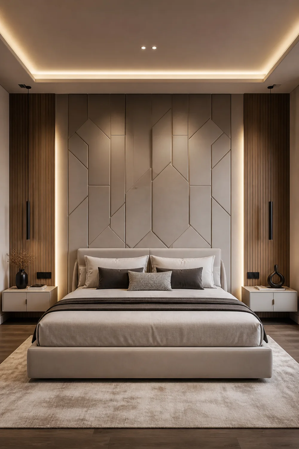 geometric panel headboard modern bedroom unique wall design soft lighting structured panels luxury bed setup contemporary bedroom decor