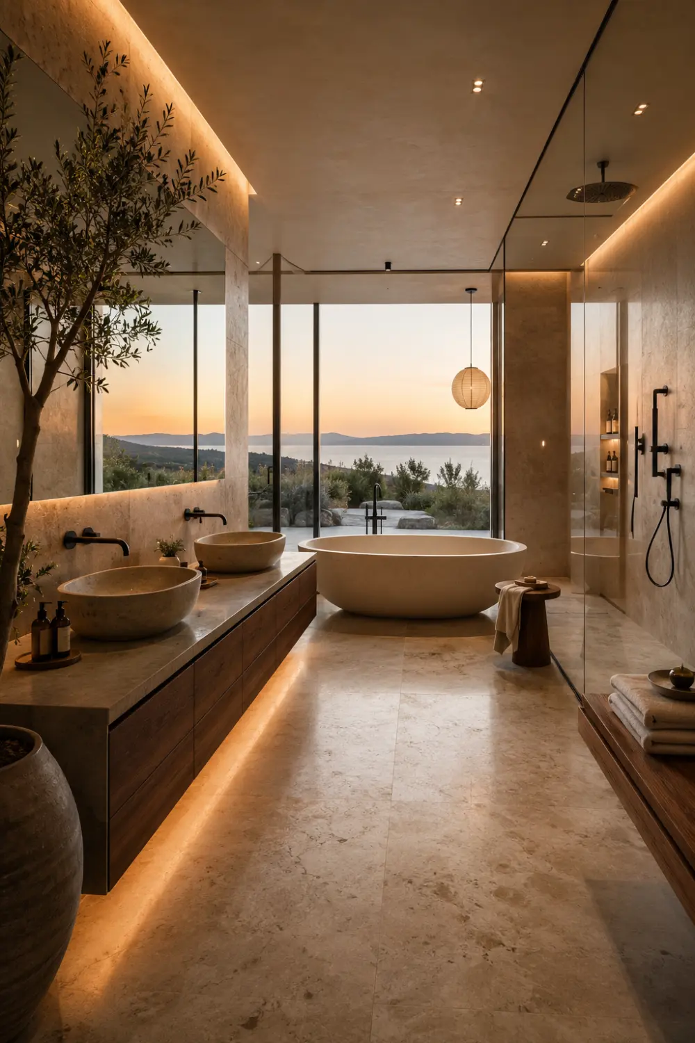 Luxury Japandi bathroom with floor-to-ceiling windows, floating wood vanity, freestanding soaking tub, frameless glass shower, warm LED lighting, earthy neutral tones, and modern spa-inspired minimalist interior design.