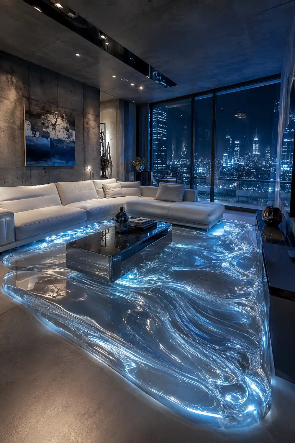 Futuristic luxury living room with glowing glass illusion rug, modern white sectional sofa, dark concrete walls, city skyline windows, blue ambient lighting, and high-tech contemporary interior styling.