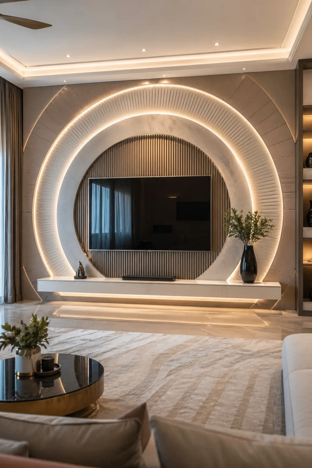 circular halo 3D TV wall with illuminated LED ring and vertical slats, modern luxury living room interior with centered TV design