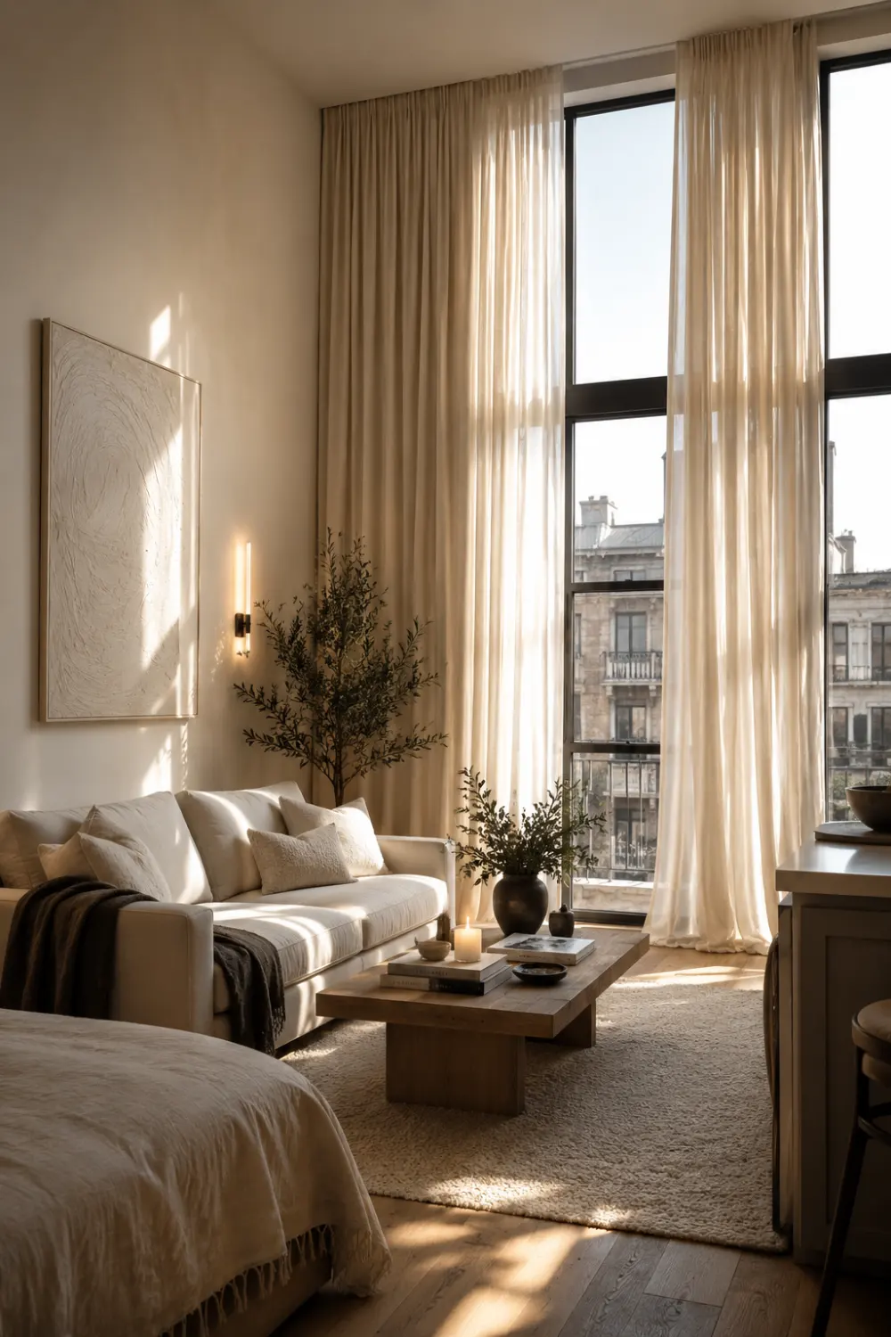 Studio apartment with floor-to-ceiling sheer curtains, warm sunlight, neutral decor, cozy modern sofa, and airy luxury small apartment interior design.