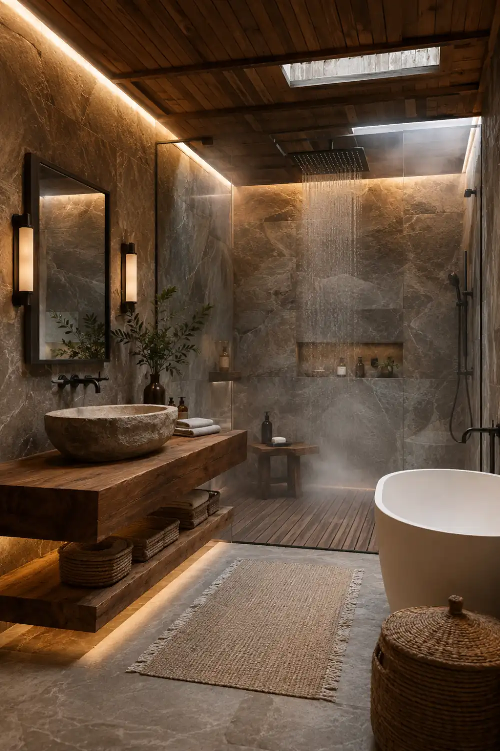 Luxury earthy bathroom with oversized rainfall shower, warm stone walls, floating wood vanity, freestanding bathtub, soft hidden LED lighting, steam atmosphere, and organic spa-inspired modern interior design.