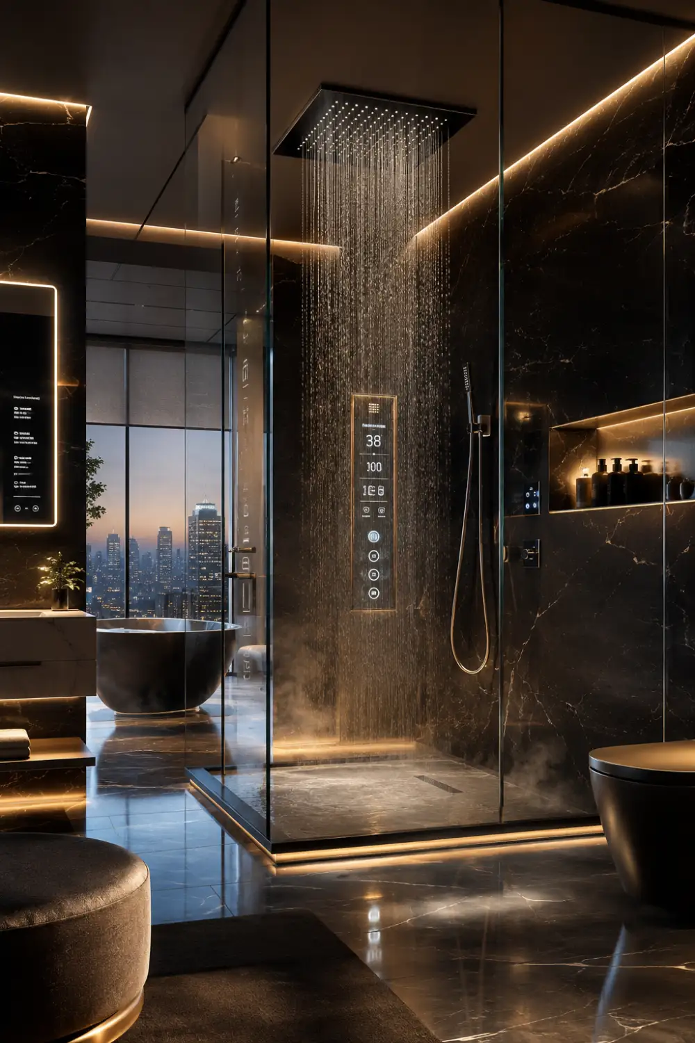 Futuristic smart rain shower with digital controls, black marble walls, LED lighting, frameless glass, and modern luxury bathroom interior design.