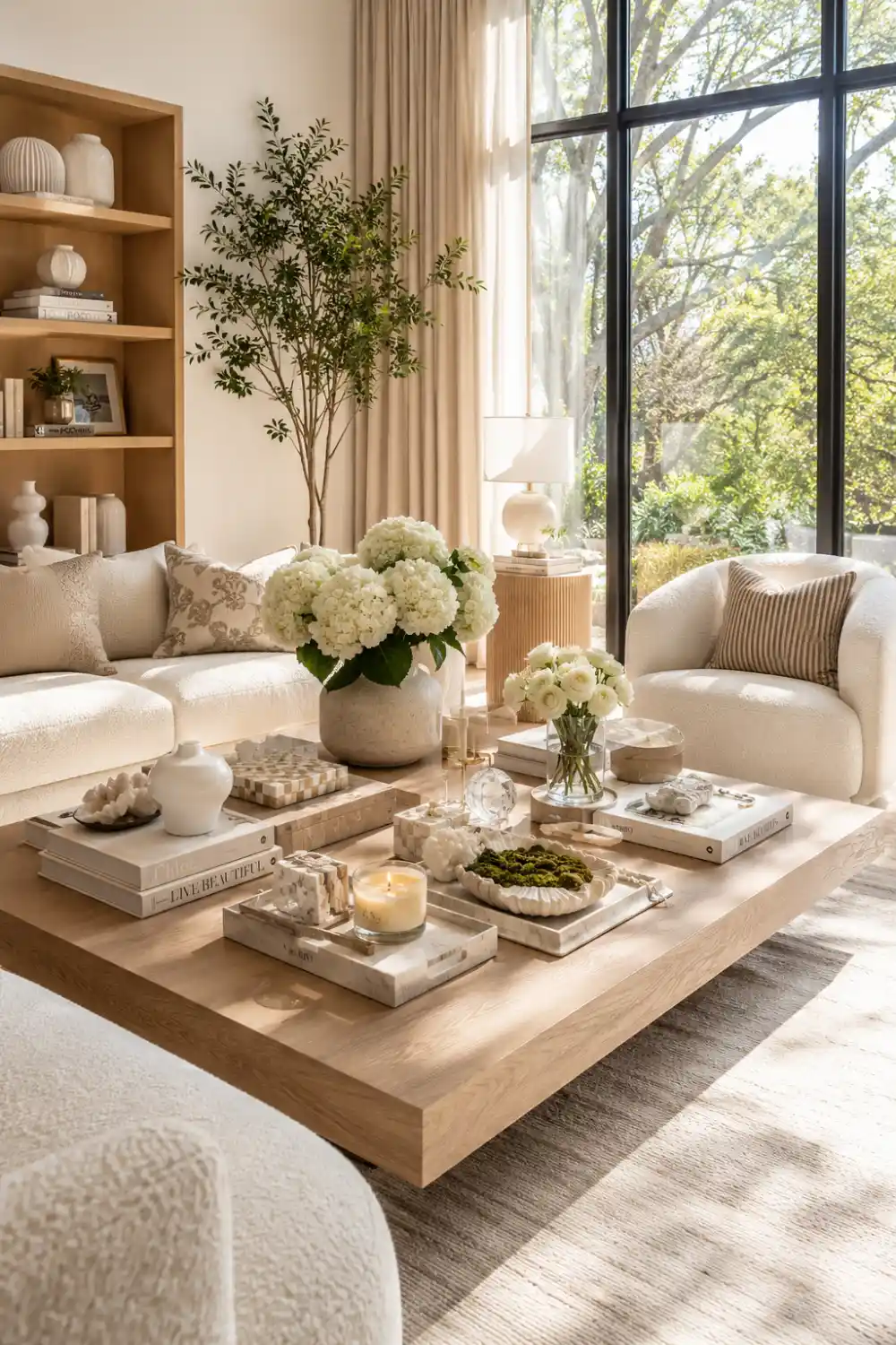 Soft neutral living room with a large wooden coffee table styled using layered trays, candles, floral arrangements, marble accents, stacked books, and textured decor pieces. Bright natural daylight and cream furniture create a calm Pinterest-inspired luxury home atmosphere.