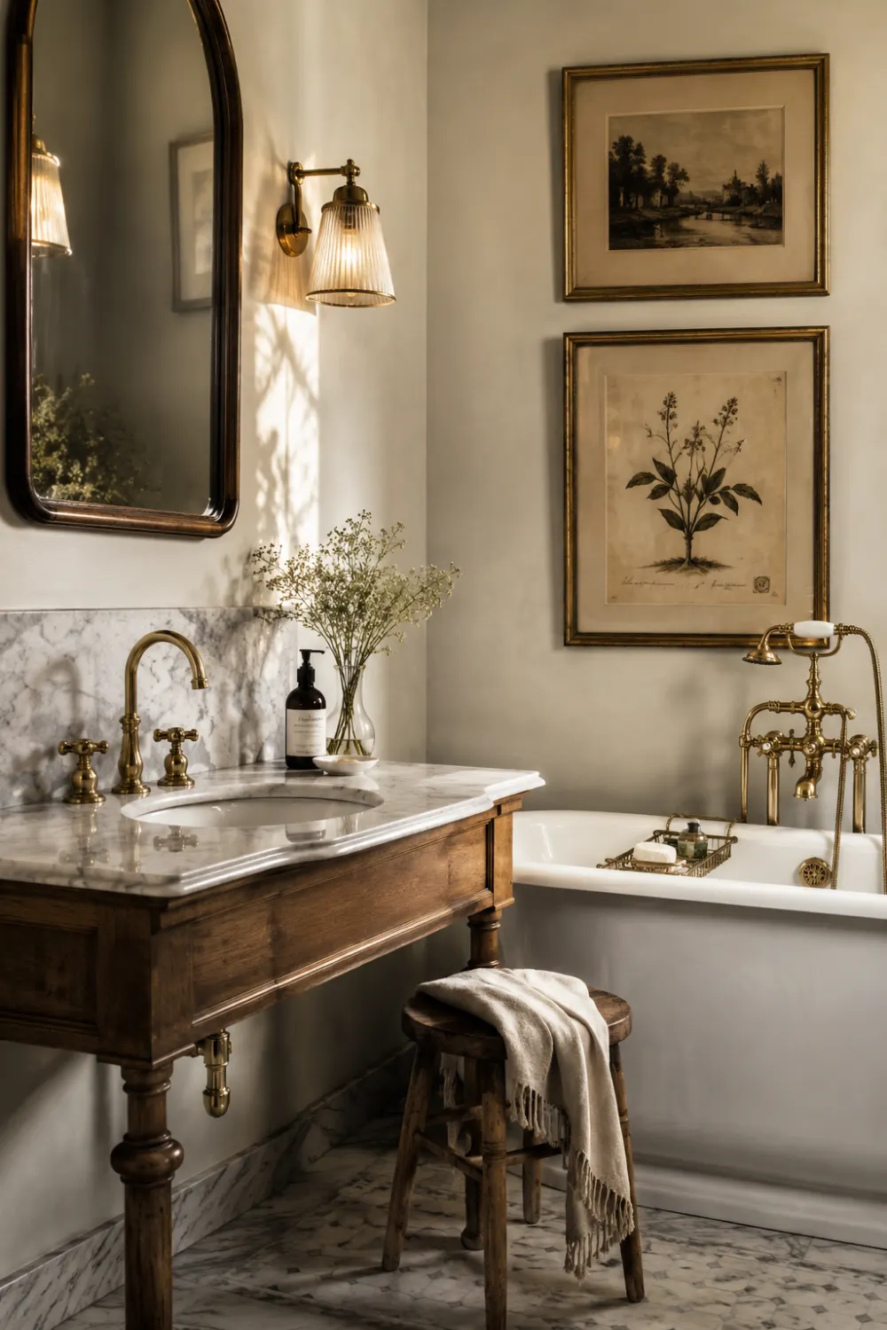 Elegant vintage bathroom with marble vanity, antique brass fixtures, framed artwork, rustic wooden stool, clawfoot bathtub, and warm luxury decor styling.