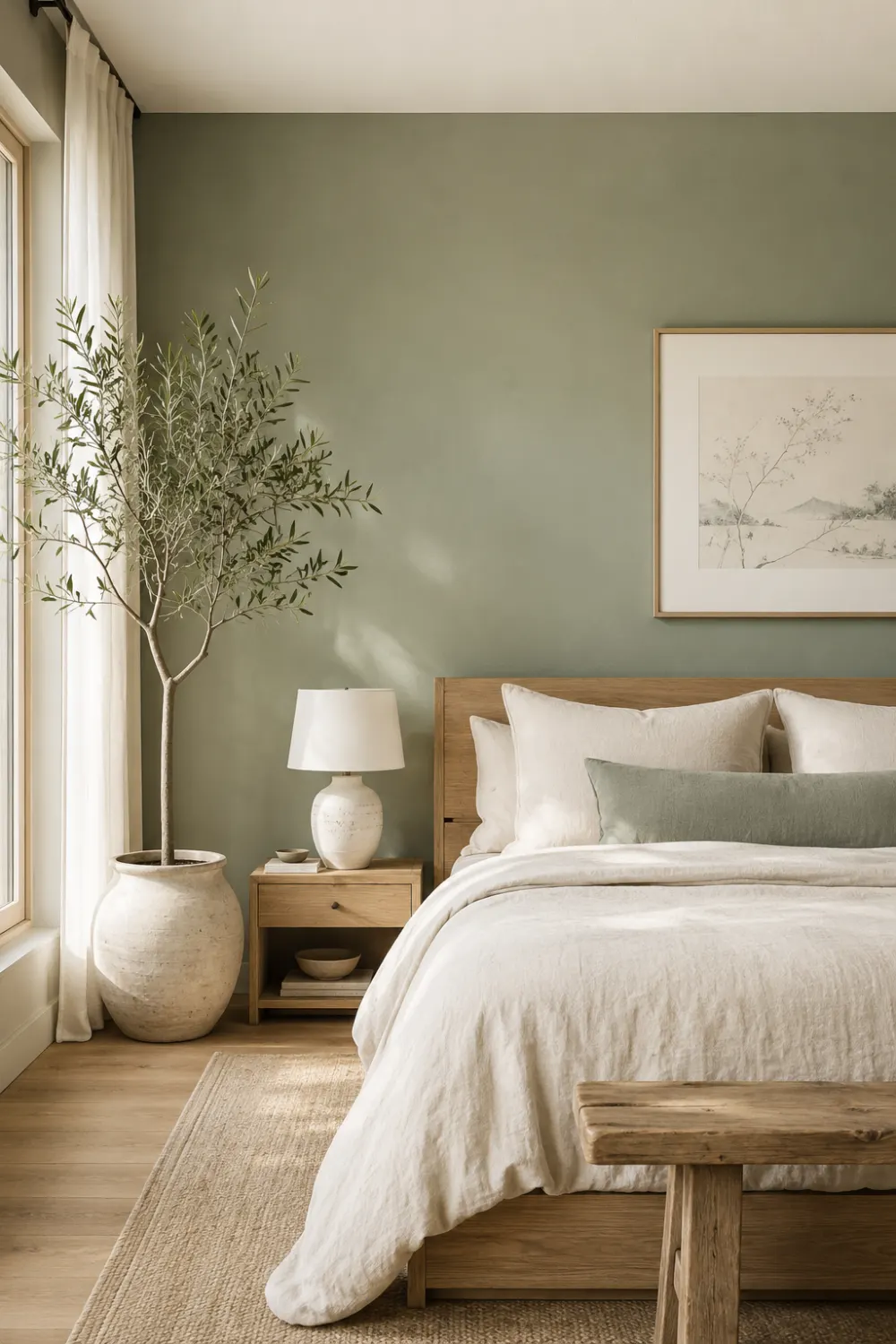 Dusty sage luxury bedroom with muted green walls, oak wood bed frame, layered cream bedding, woven textures, olive tree decor, soft natural lighting, and calming organic modern quiet luxury interior styling.