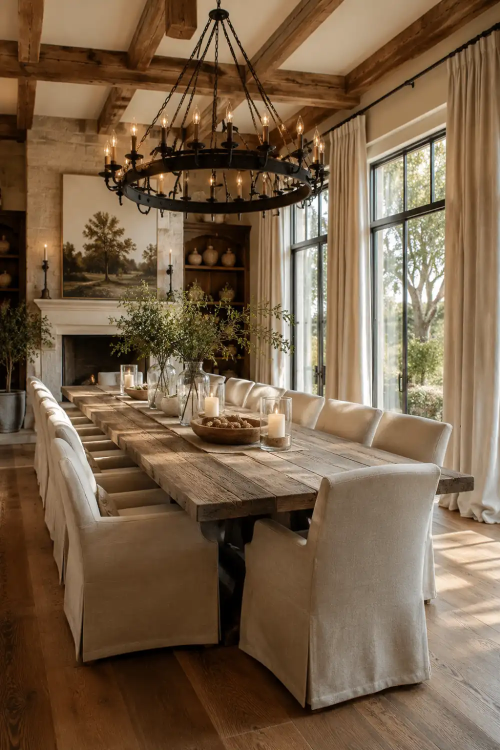 Luxury rustic farmhouse dining room with oversized reclaimed wood table, cream upholstered chairs, black iron chandelier, exposed wooden beams, large windows, flowing neutral curtains, candle decor, warm wood flooring, and elegant countryside farmhouse interior styling.