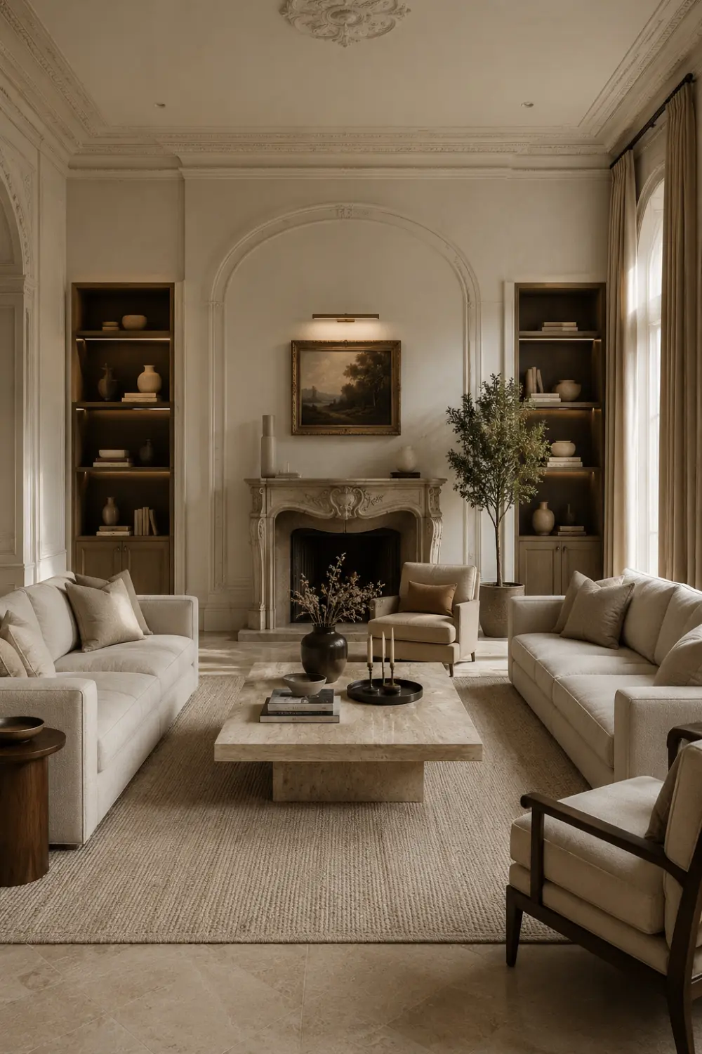 Minimalist old money living room with cream sofas, marble fireplace, elegant wall molding, neutral decor palette, warm built-in shelving, stone coffee table, and sophisticated quiet luxury interior styling inspiration.