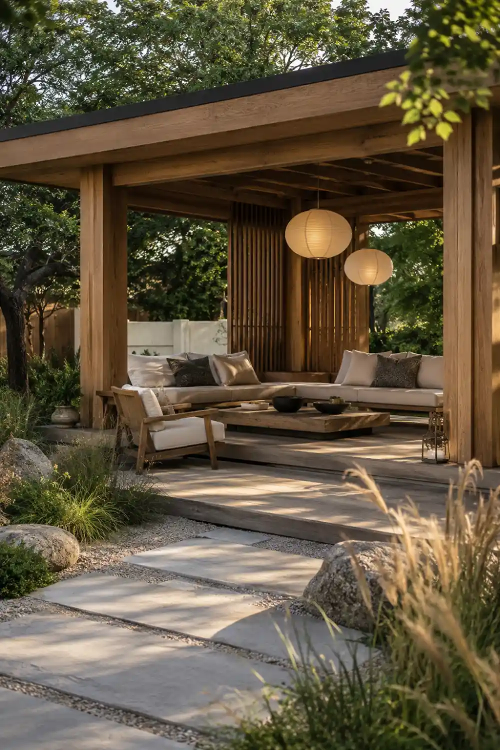 Japandi-inspired wooden gazebo with minimalist outdoor seating, paper lantern lighting, stone pathways, natural landscaping, and peaceful modern backyard retreat design.